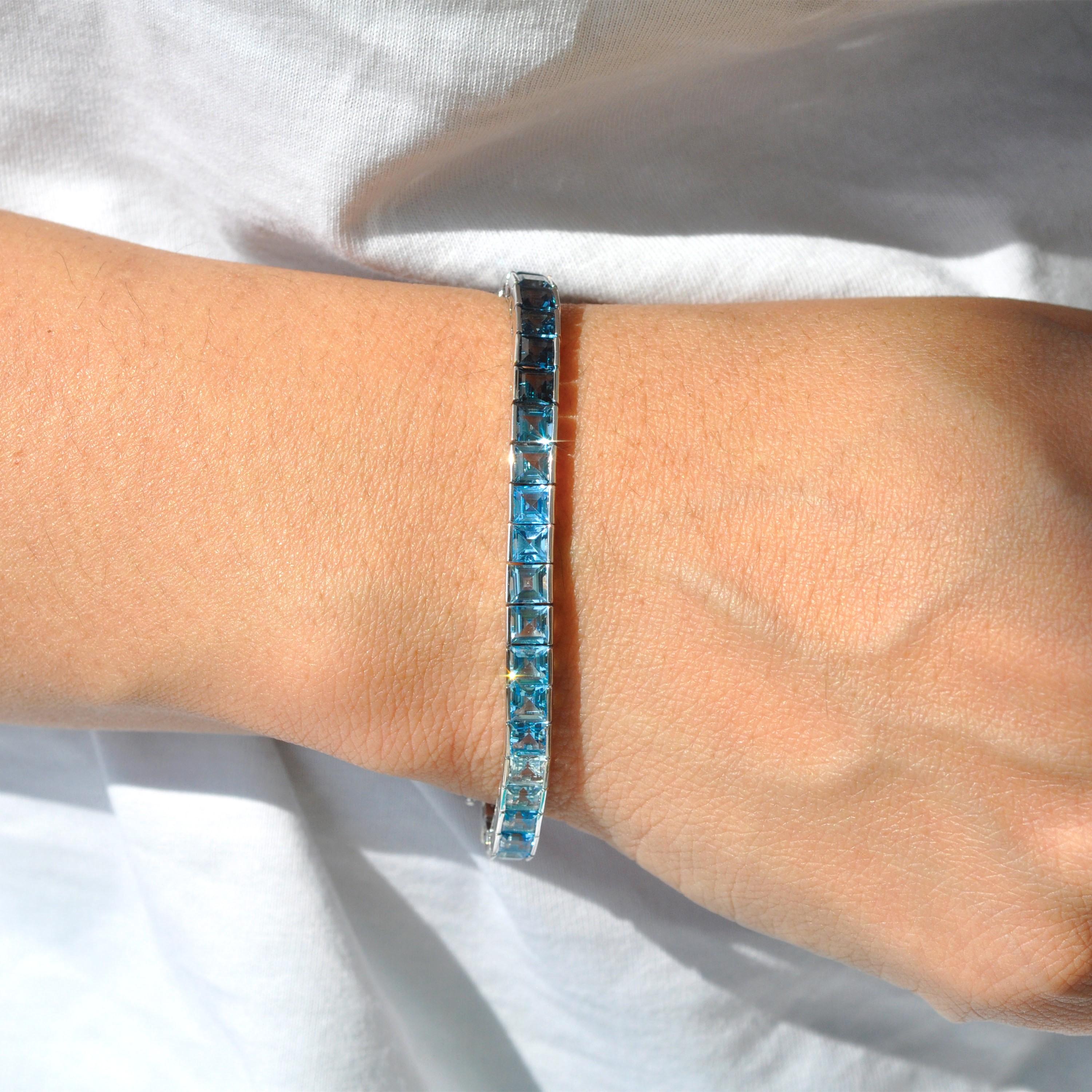 14 Karat White Gold 4 MM Square Cut Blue Topaz Gemstones Tennis Link Bracelet For Sale 9