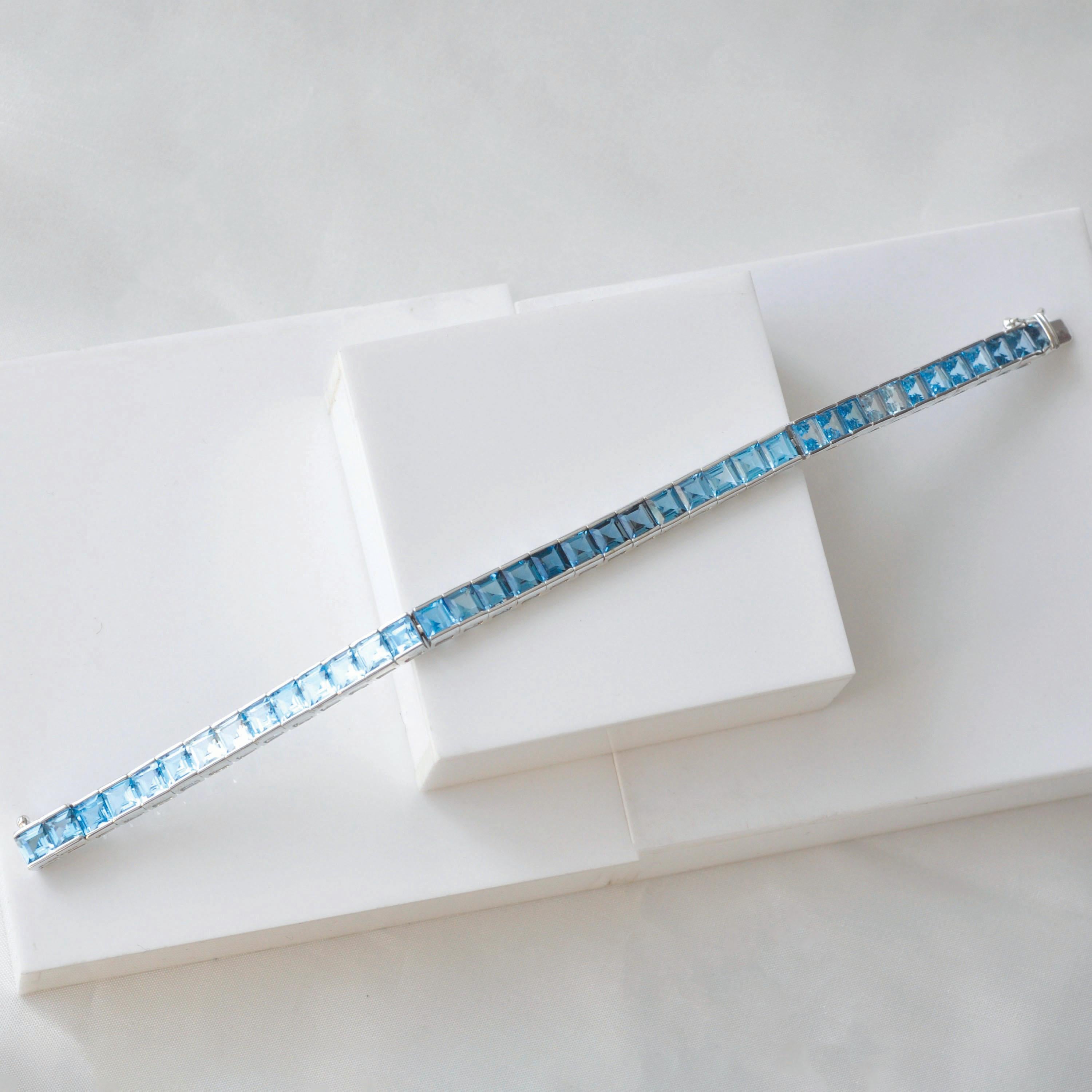14 Karat White Gold 4 MM Square Cut Blue Topaz Gemstones Tennis Link Bracelet For Sale 10
