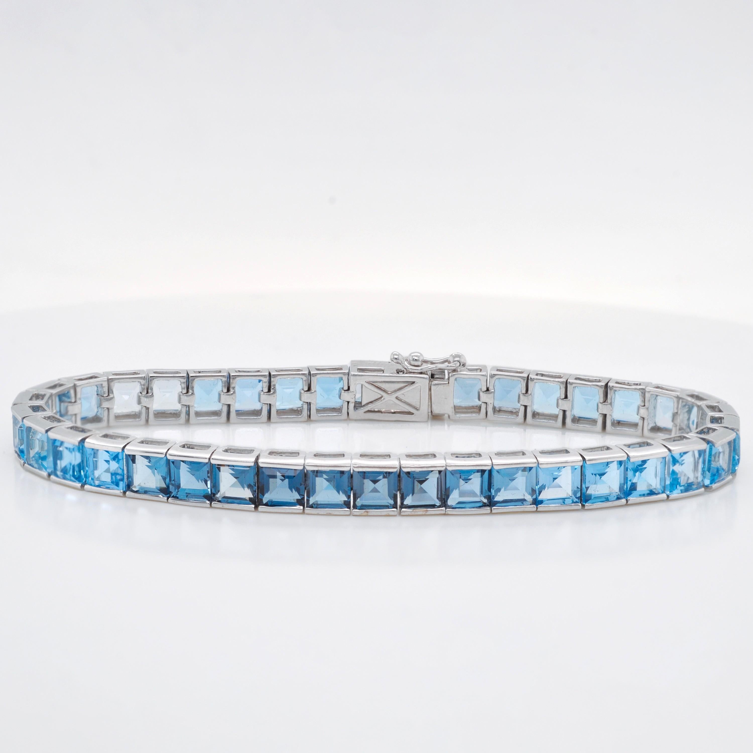 Women's or Men's 14 Karat White Gold 4 MM Square Cut Blue Topaz Gemstones Tennis Link Bracelet For Sale
