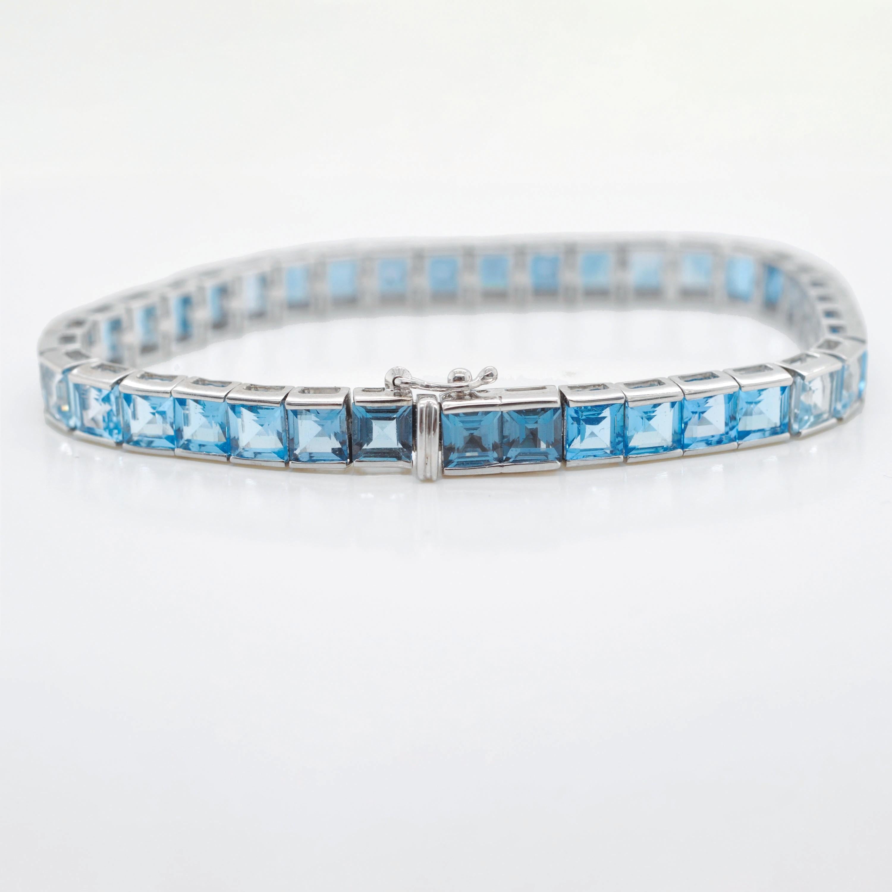 14 Karat White Gold 4 MM Square Cut Blue Topaz Gemstones Tennis Link Bracelet For Sale 1