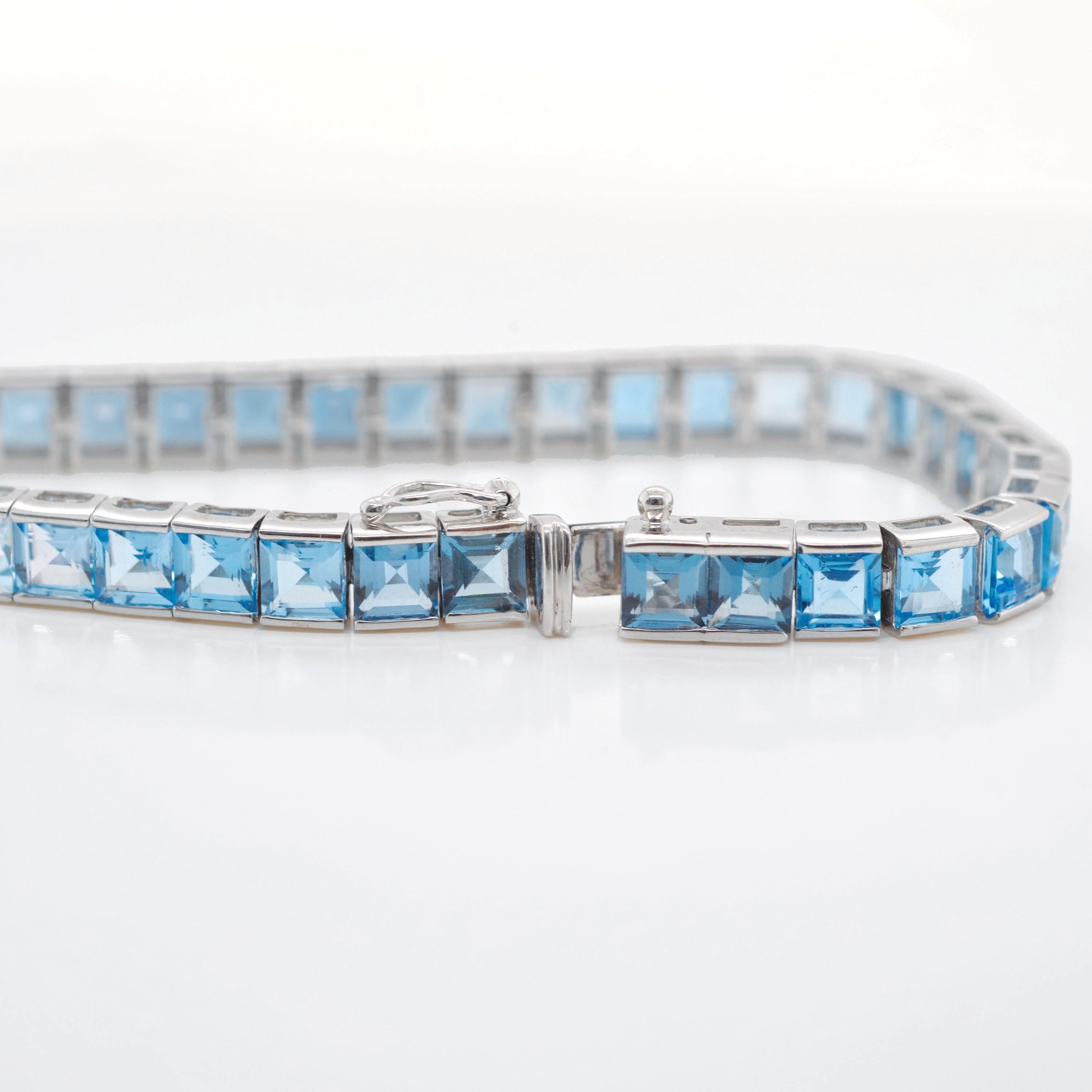 14 Karat White Gold 4 MM Square Cut Blue Topaz Gemstones Tennis Link Bracelet For Sale 2