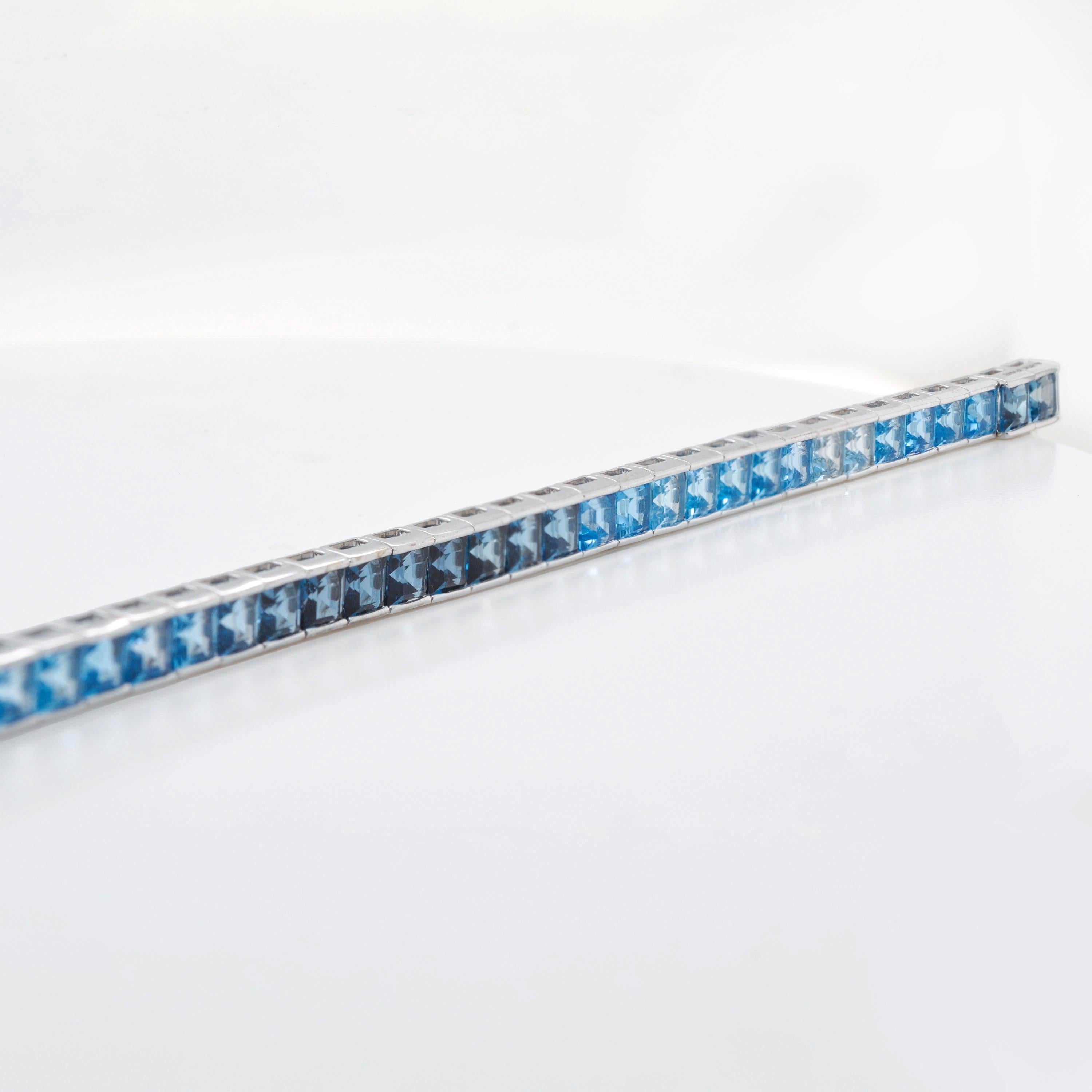 14 Karat White Gold 4 MM Square Cut Blue Topaz Gemstones Tennis Link Bracelet For Sale 4