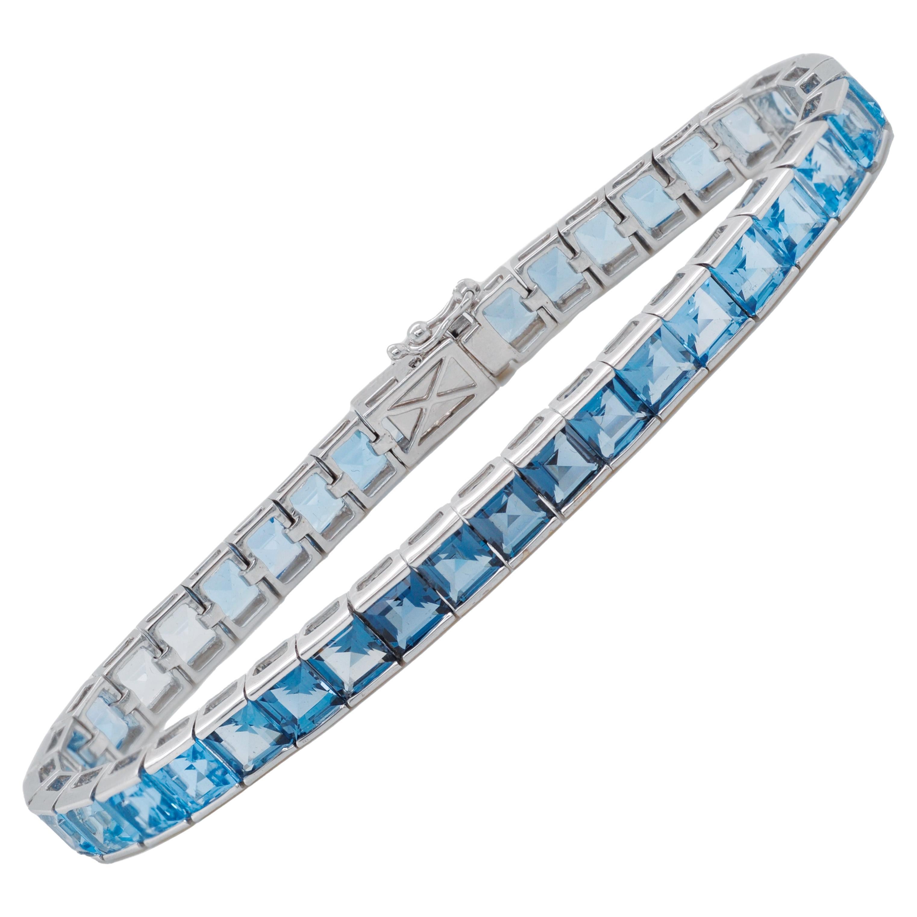 14 Karat White Gold 4 MM Square Cut Blue Topaz Gemstones Tennis Link Bracelet