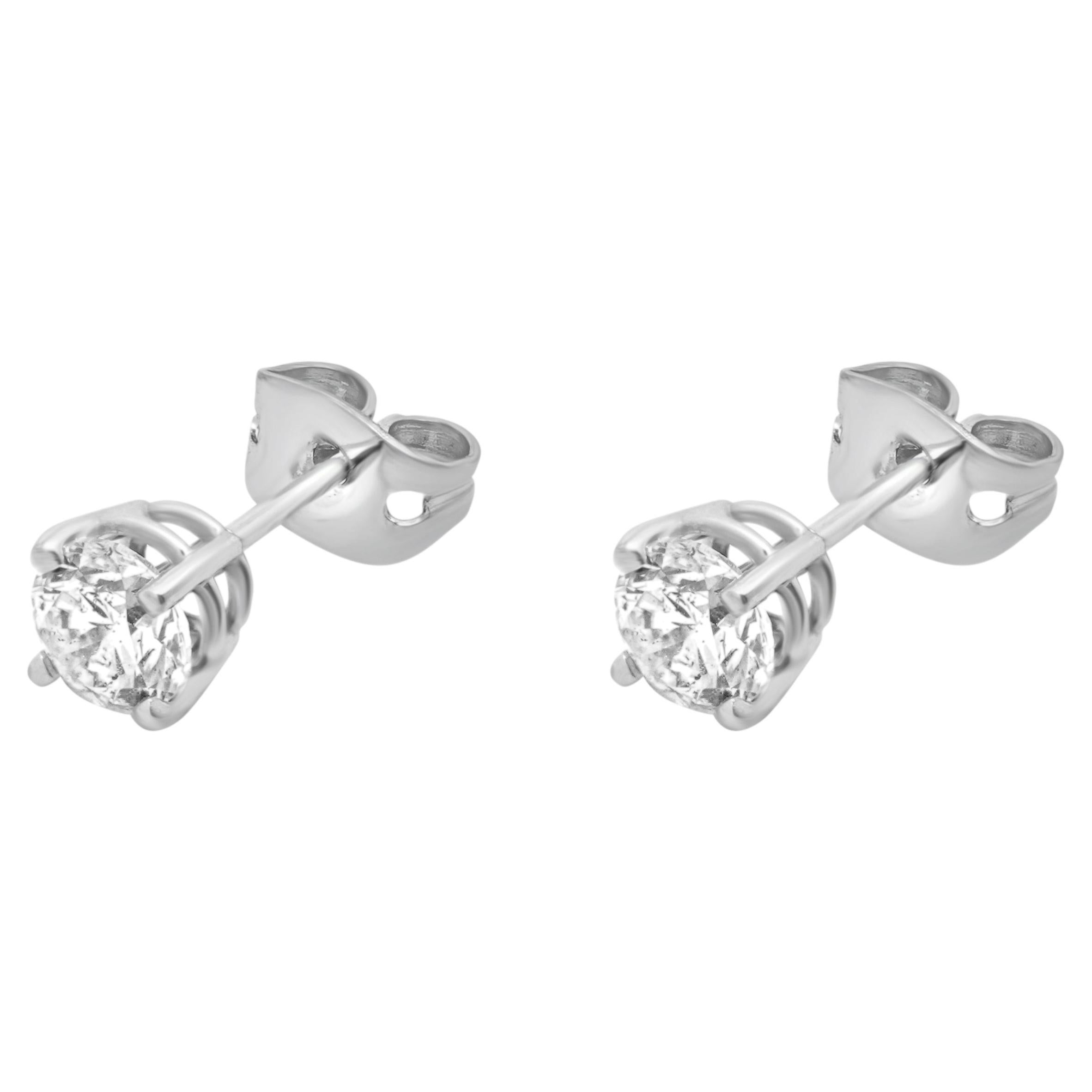 14 Karat White Gold 4-Prong Set Round Brilliant Cut Diamond Stud Earrings