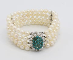 14 Karat White Gold 4-Row Pearl Bracelet With Turquoise Stations & Clasp
