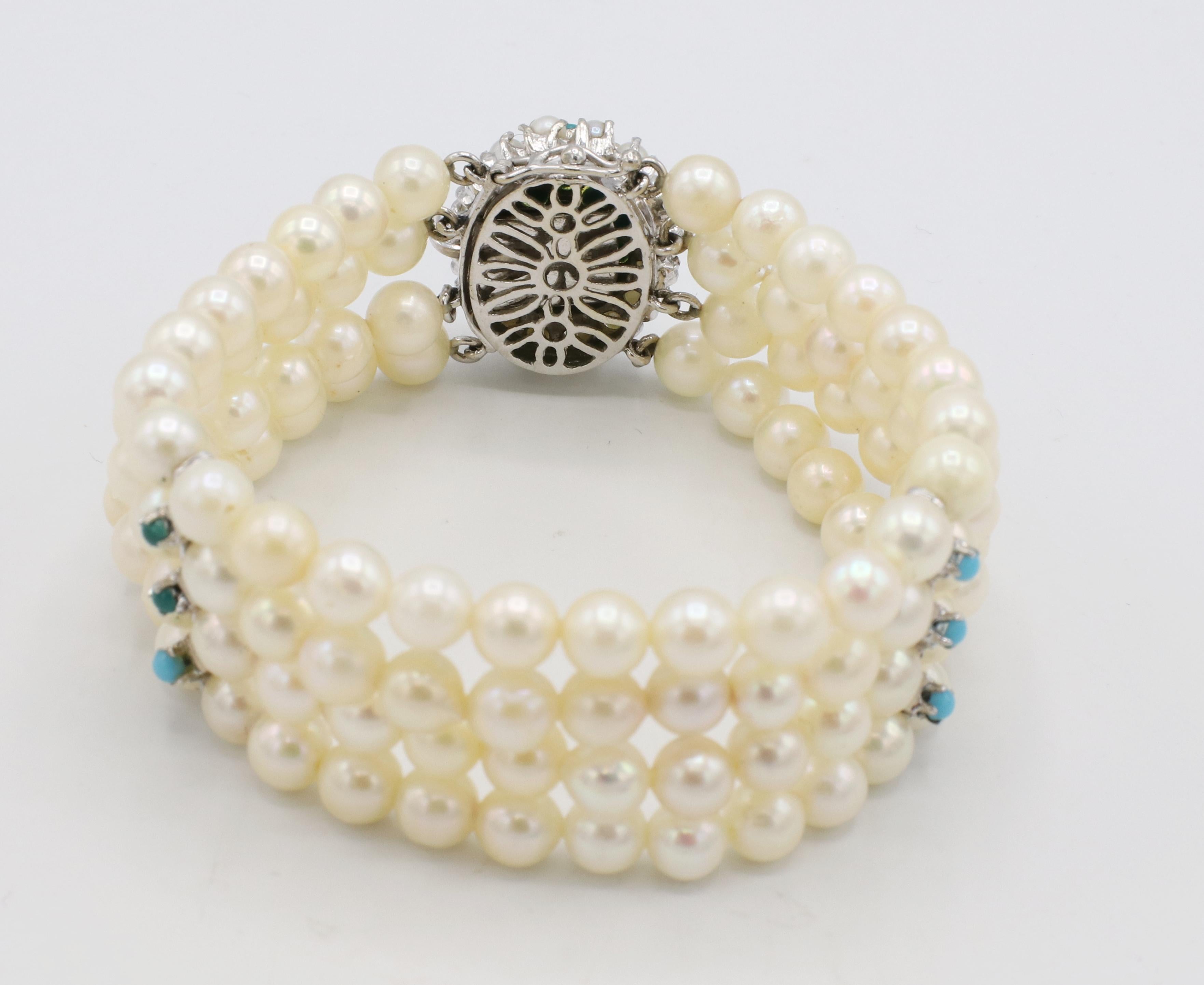 Retro 14 Karat White Gold 4-Row Pearl Bracelet With Turquoise Stations & Clasp For Sale