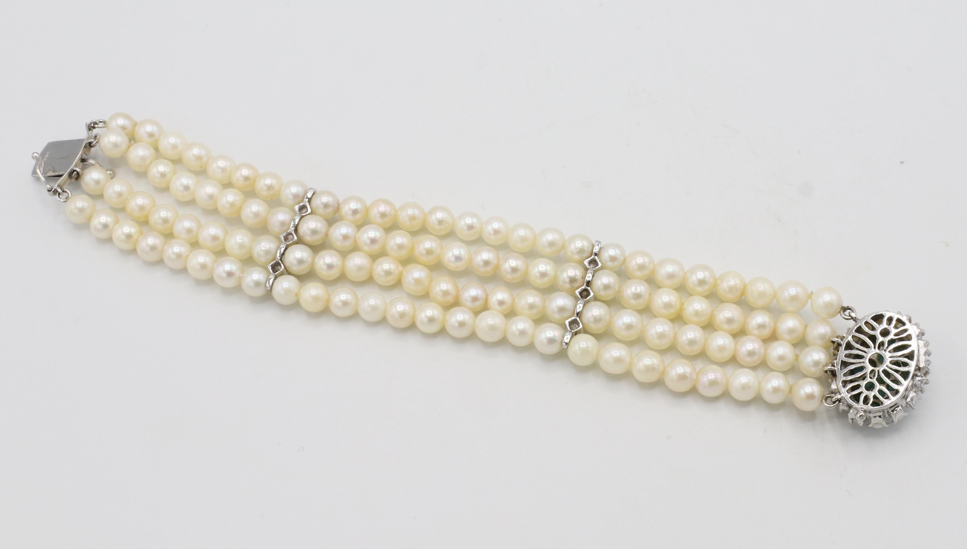 Retro 14 Karat White Gold 4-Row Pearl Bracelet With Turquoise Stations & Clasp For Sale