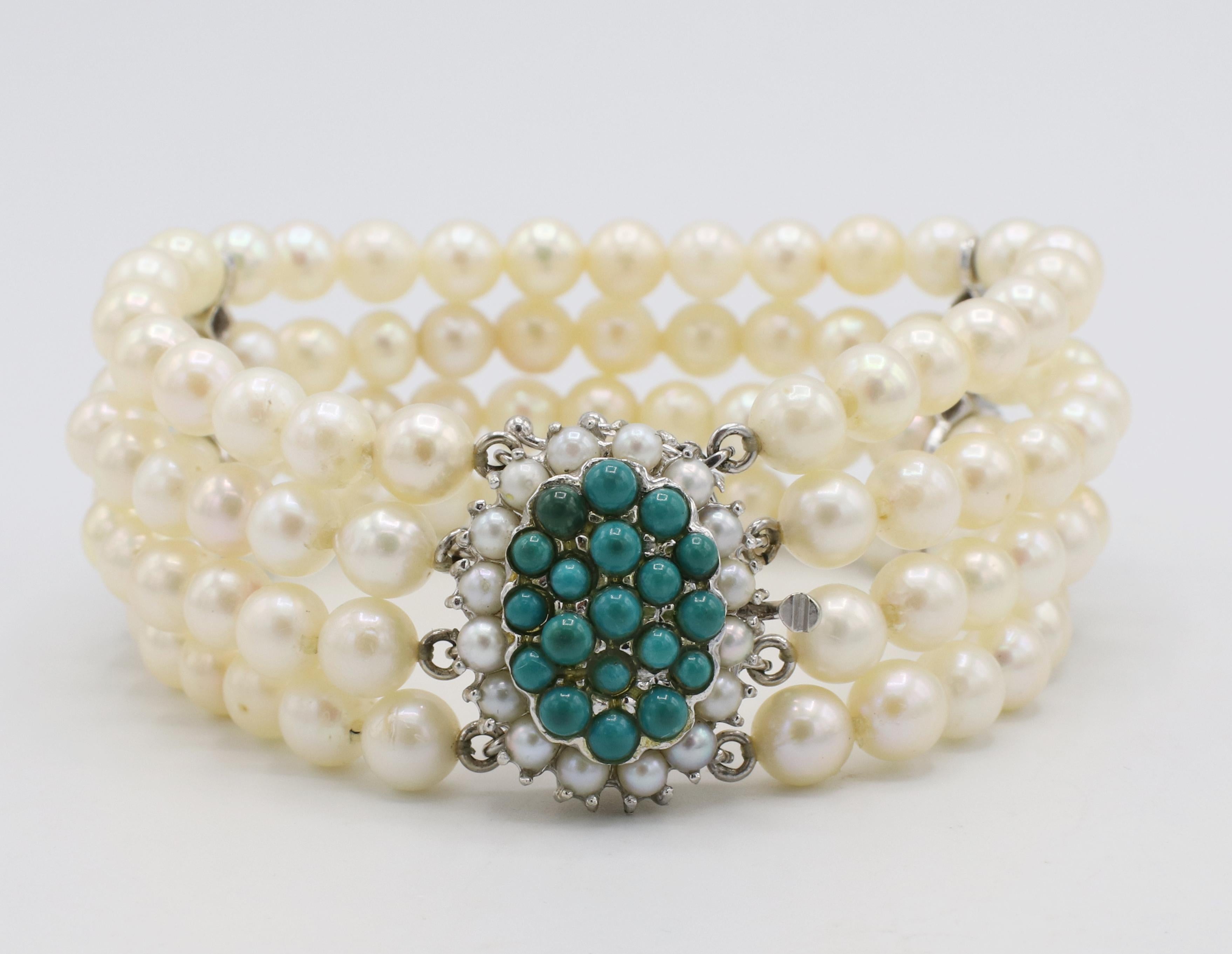 Bead 14 Karat White Gold 4-Row Pearl Bracelet With Turquoise Stations & Clasp For Sale