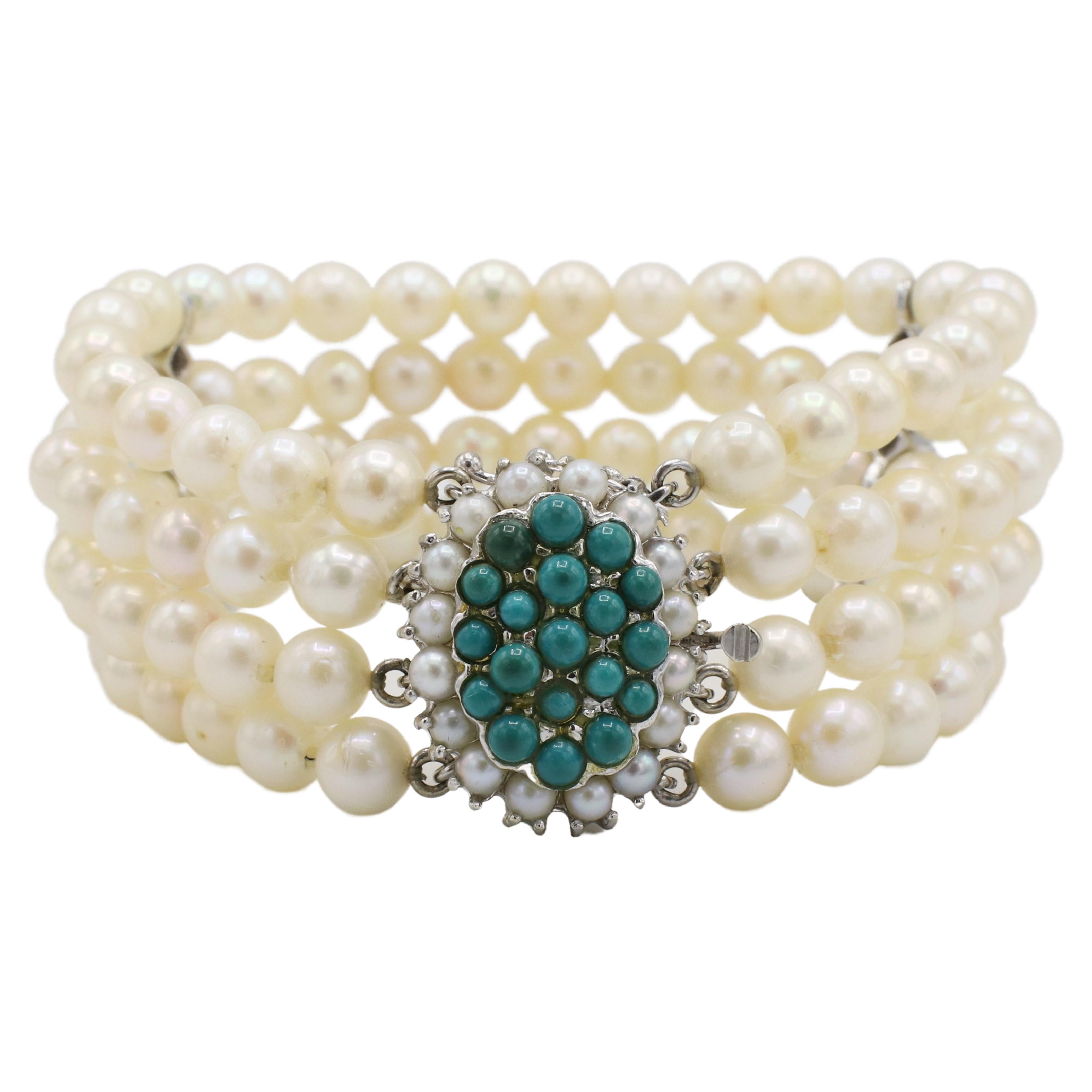 14 Karat White Gold 4-Row Pearl Bracelet With Turquoise Stations & Clasp For Sale