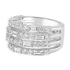 14 Karat White Gold 4-Row Round and Baguette Cut Diamond Band