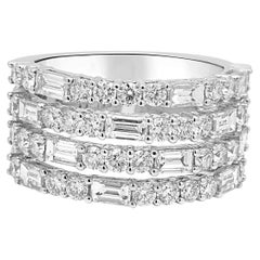 14 Karat White Gold 4-Row Round and Baguette Cut Diamond Band