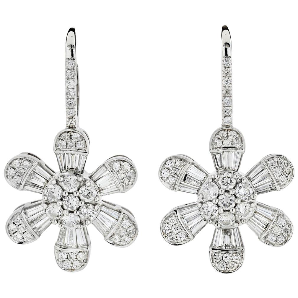 14 Karat White Gold 4.08 Carat Diamond Drop Dangle Flower Earrings For Sale
