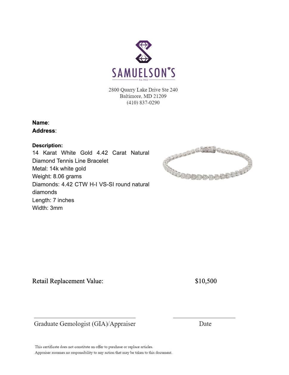 14 Karat Weißgold 4,42 Karat Naturdiamant Tennis Line Armband (Rundschliff)