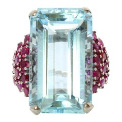 14 Karat White Gold 45 Carat Aquamarine and Rubies Deco Estate Ring