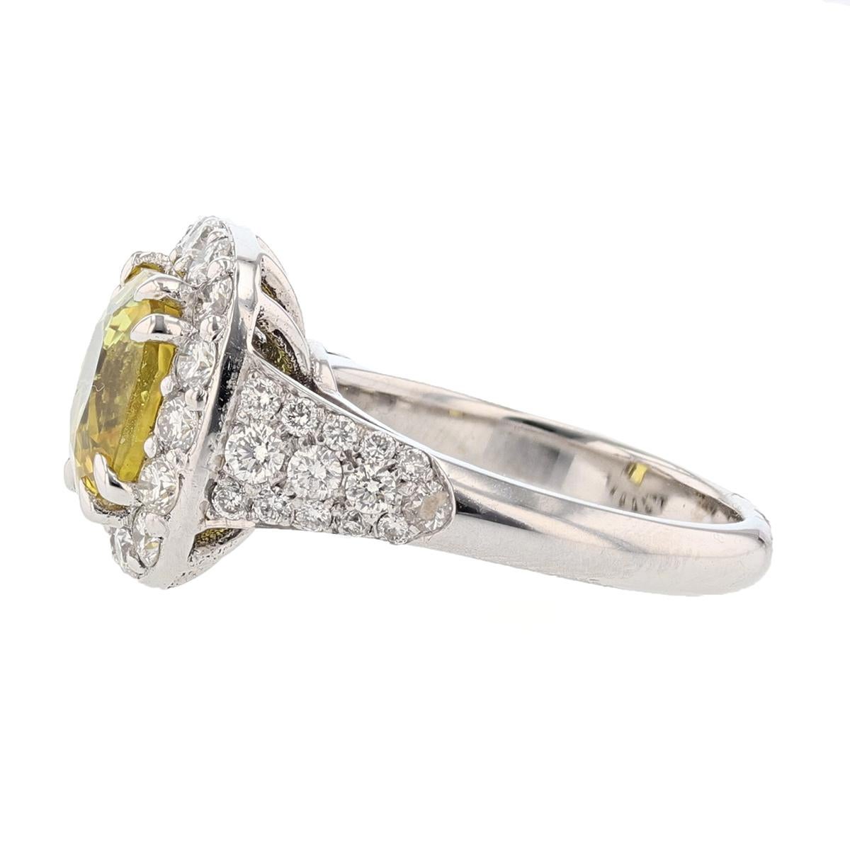 Contemporary 14 Karat White Gold 4.85 Carat Cushion Cut Yellow Sapphire Diamond Ring For Sale