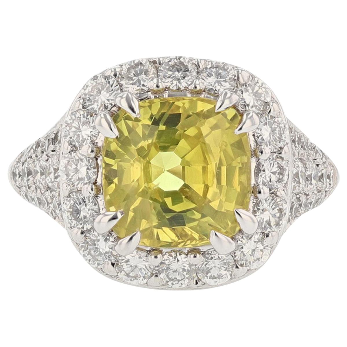 14 Karat White Gold 4.85 Carat Cushion Cut Yellow Sapphire Diamond Ring