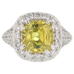 14 Karat White Gold 4.85 Carat Cushion Cut Yellow Sapphire Diamond Ring