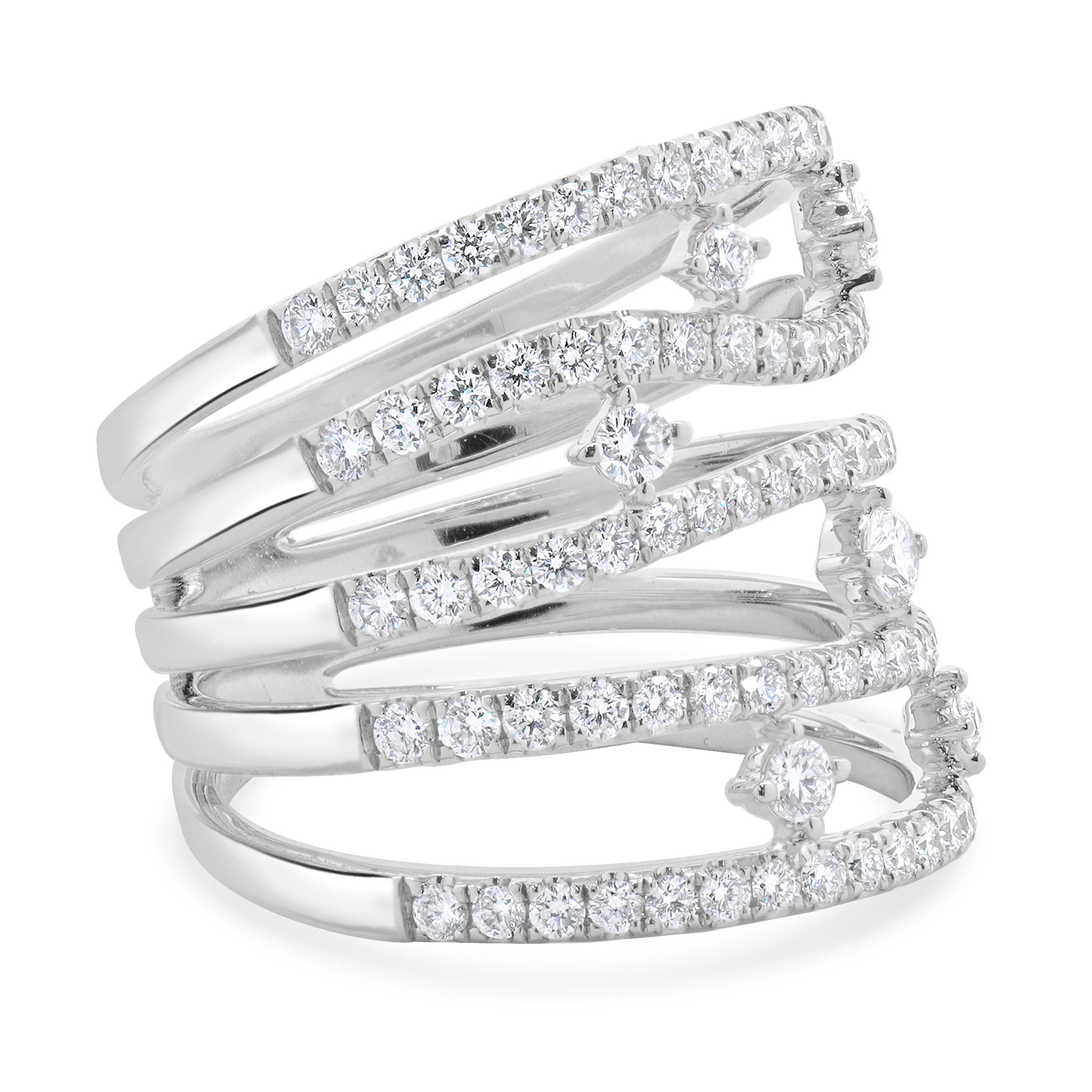 Round Cut 14 Karat White Gold 5 Row Sprinkled Diamond Fashion Ring For Sale