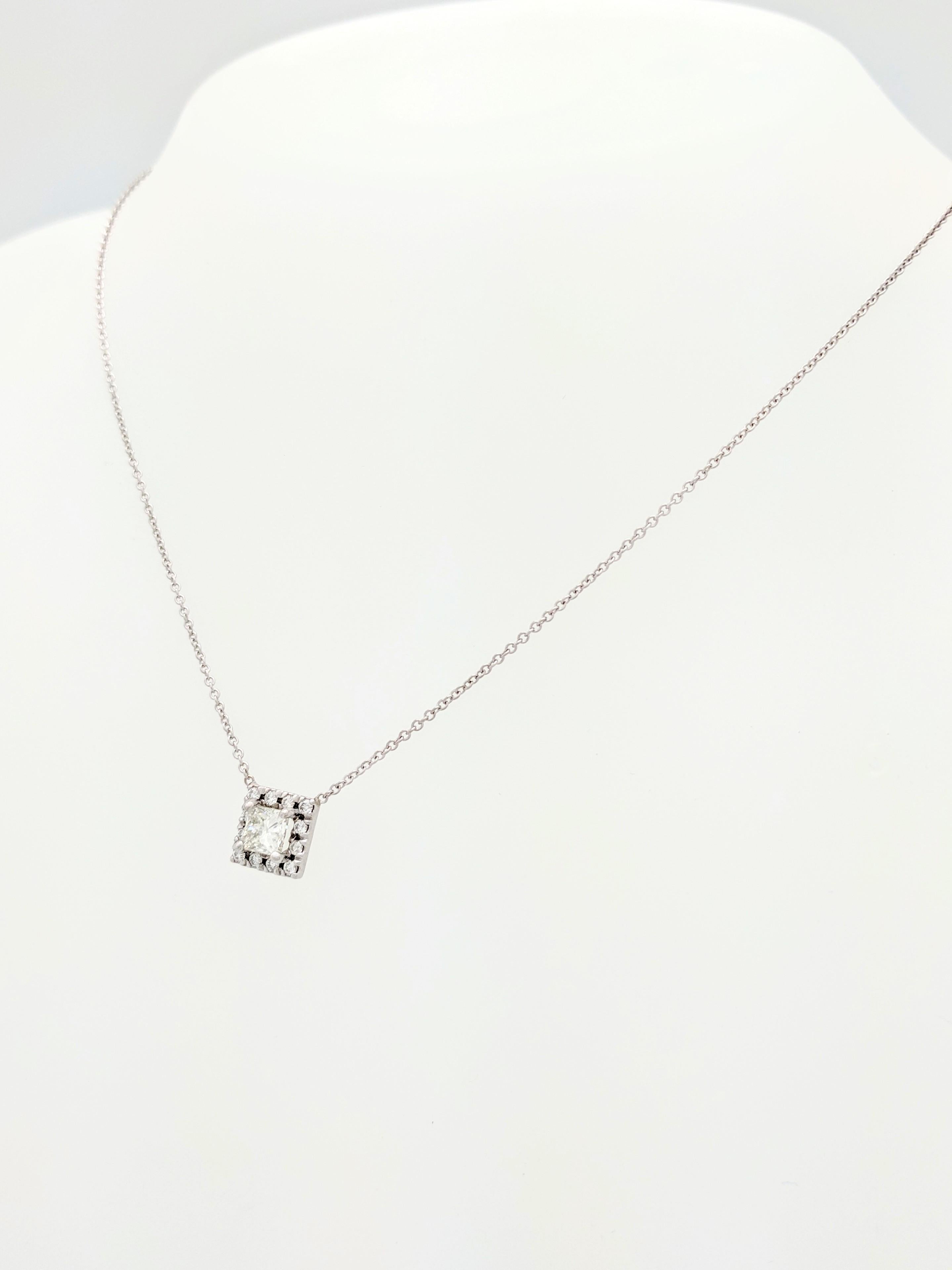 Contemporary 14 Karat White Gold .57 Carat Princess Cut Diamond Square Halo Pendant Necklace For Sale