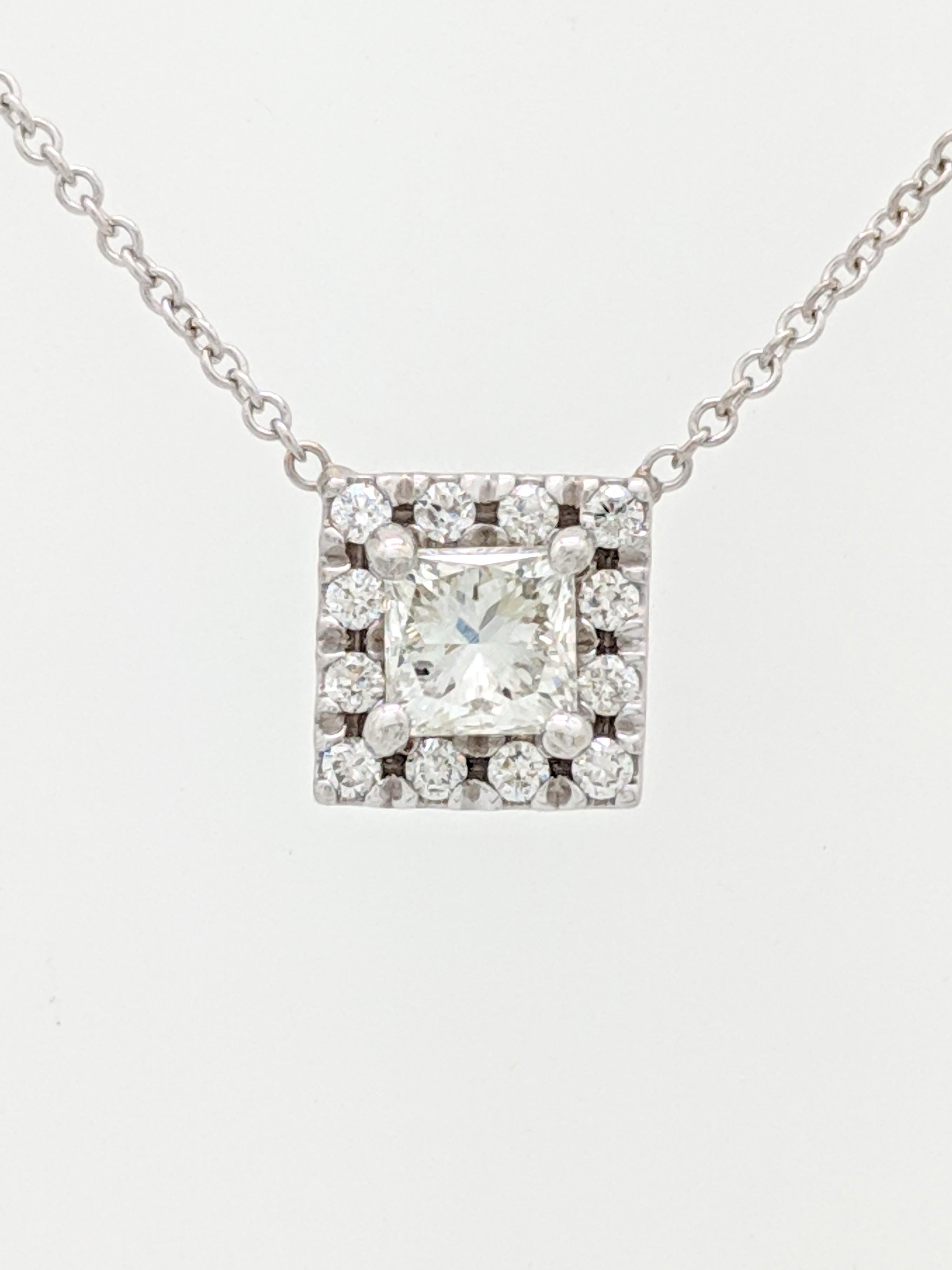 14 Karat White Gold .57 Carat Princess Cut Diamond Square Halo Pendant Necklace In New Condition For Sale In Gainesville, FL