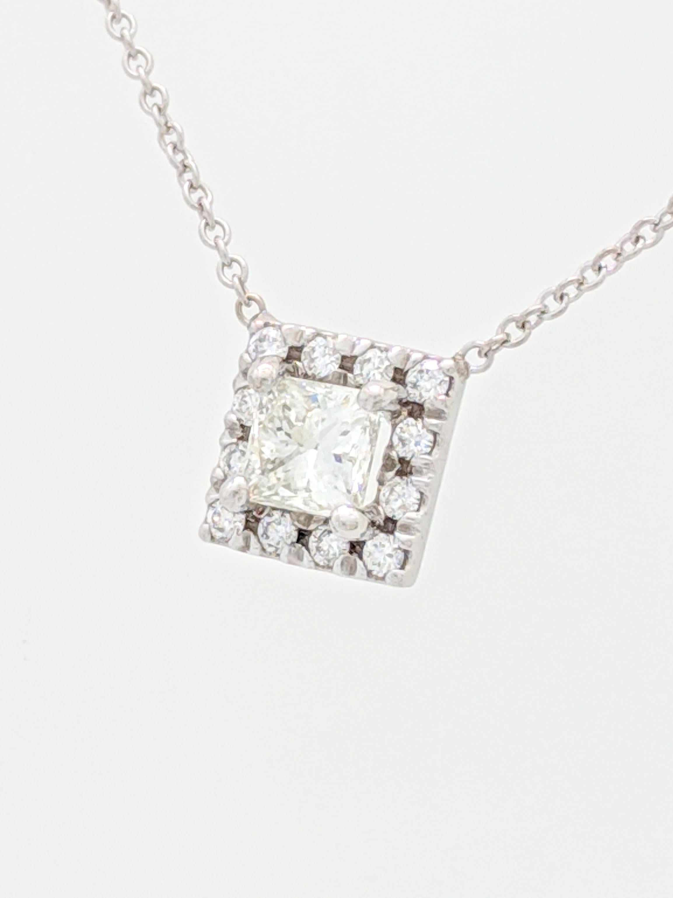 Women's or Men's 14 Karat White Gold .57 Carat Princess Cut Diamond Square Halo Pendant Necklace For Sale