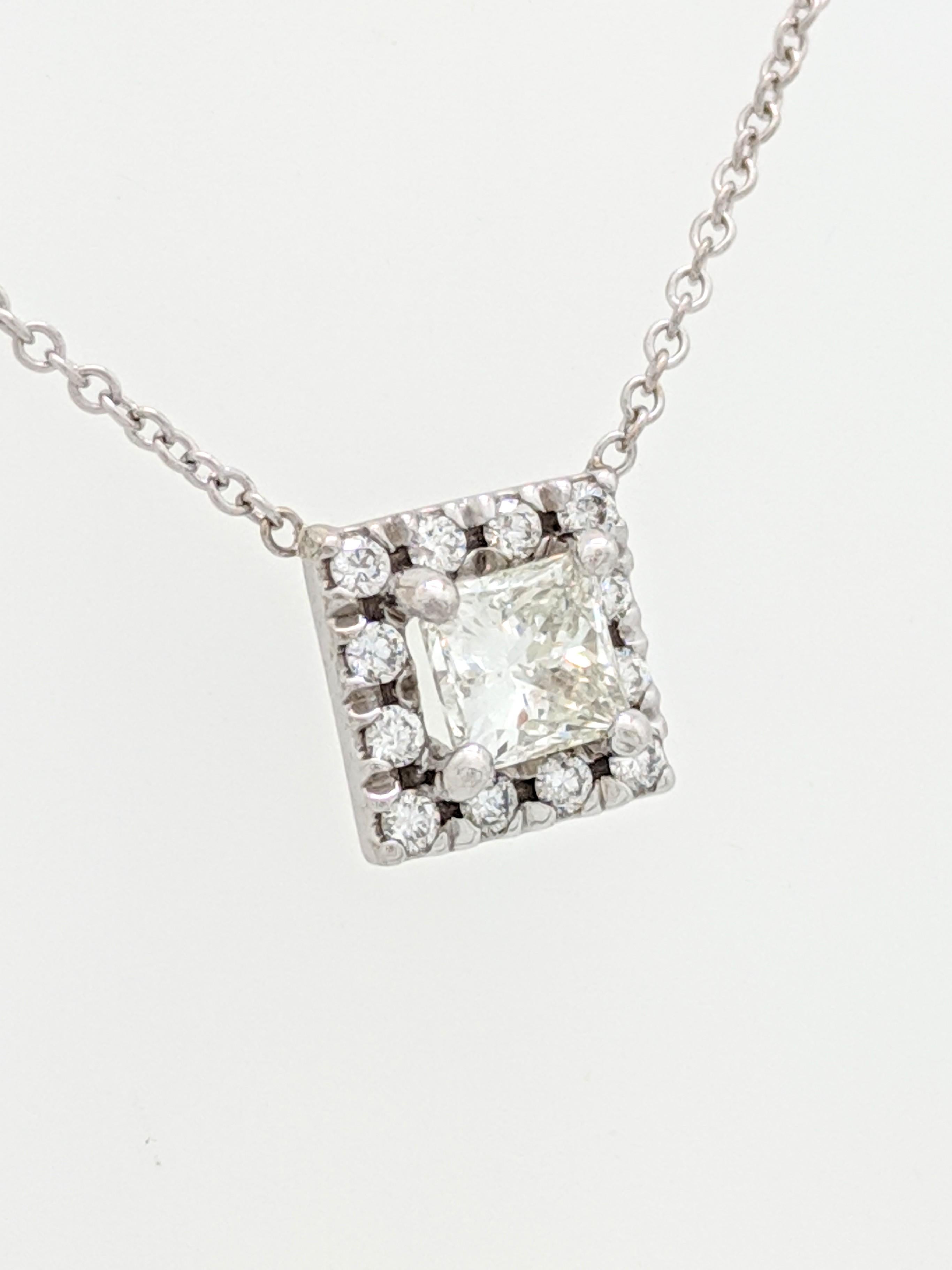 14 Karat White Gold .57 Carat Princess Cut Diamond Square Halo Pendant Necklace For Sale 1