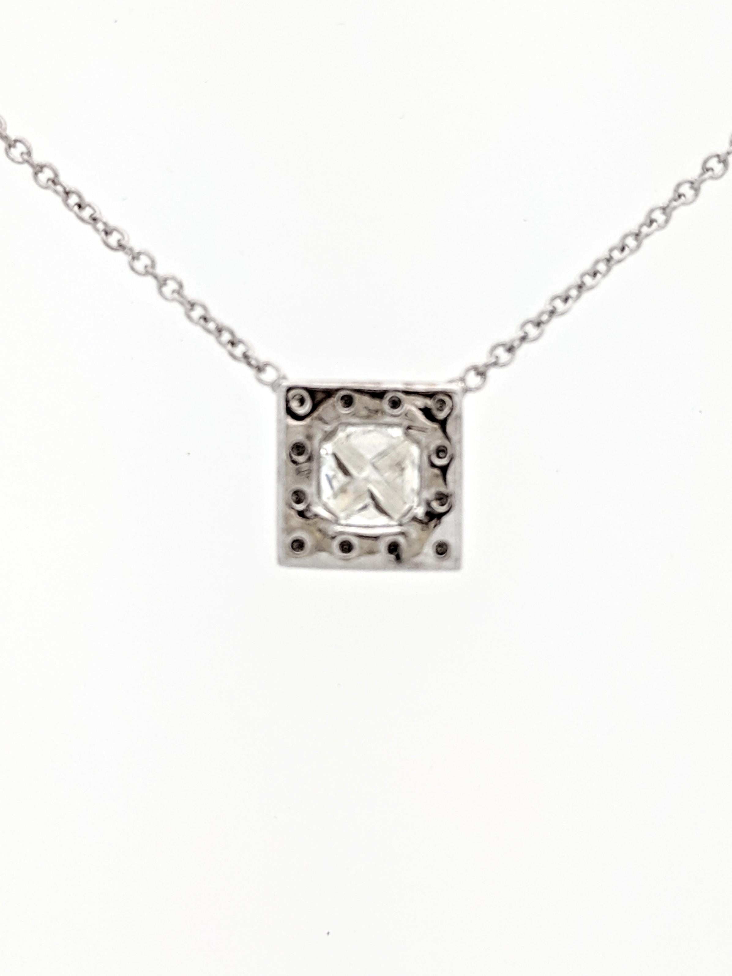 14 Karat White Gold .57 Carat Princess Cut Diamond Square Halo Pendant Necklace For Sale 2