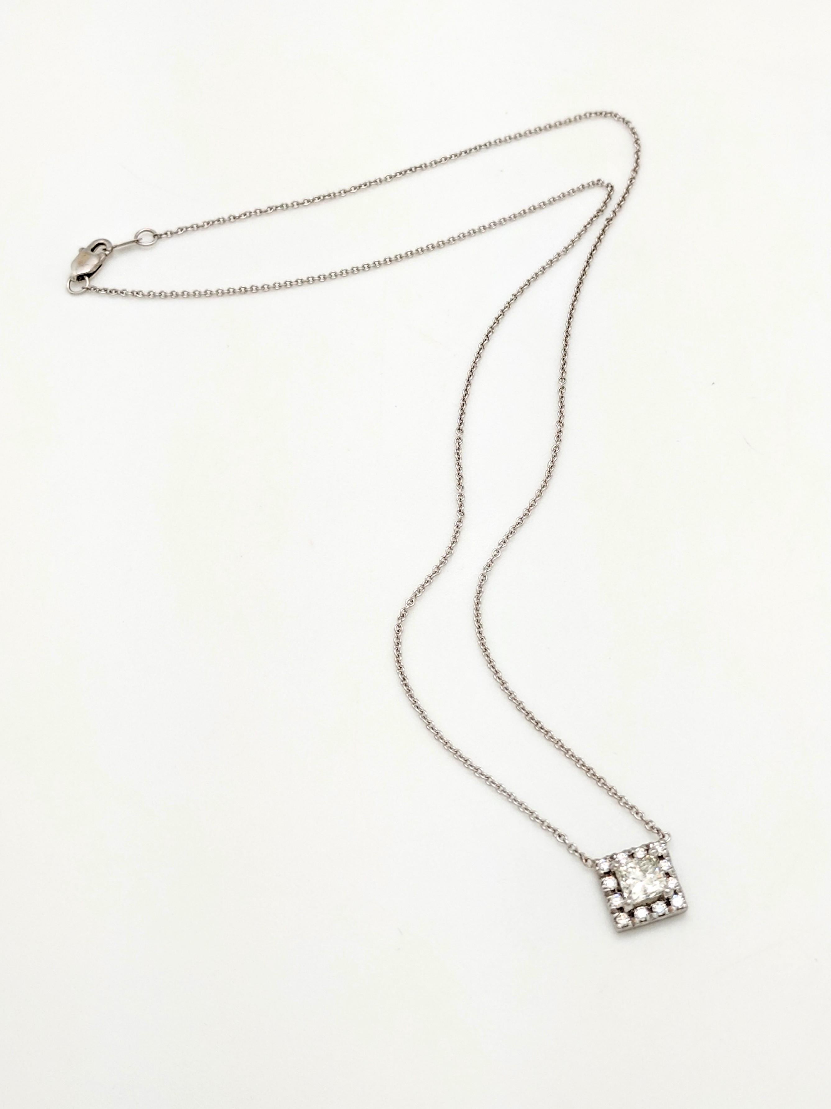 14 Karat White Gold .57 Carat Princess Cut Diamond Square Halo Pendant Necklace For Sale 3
