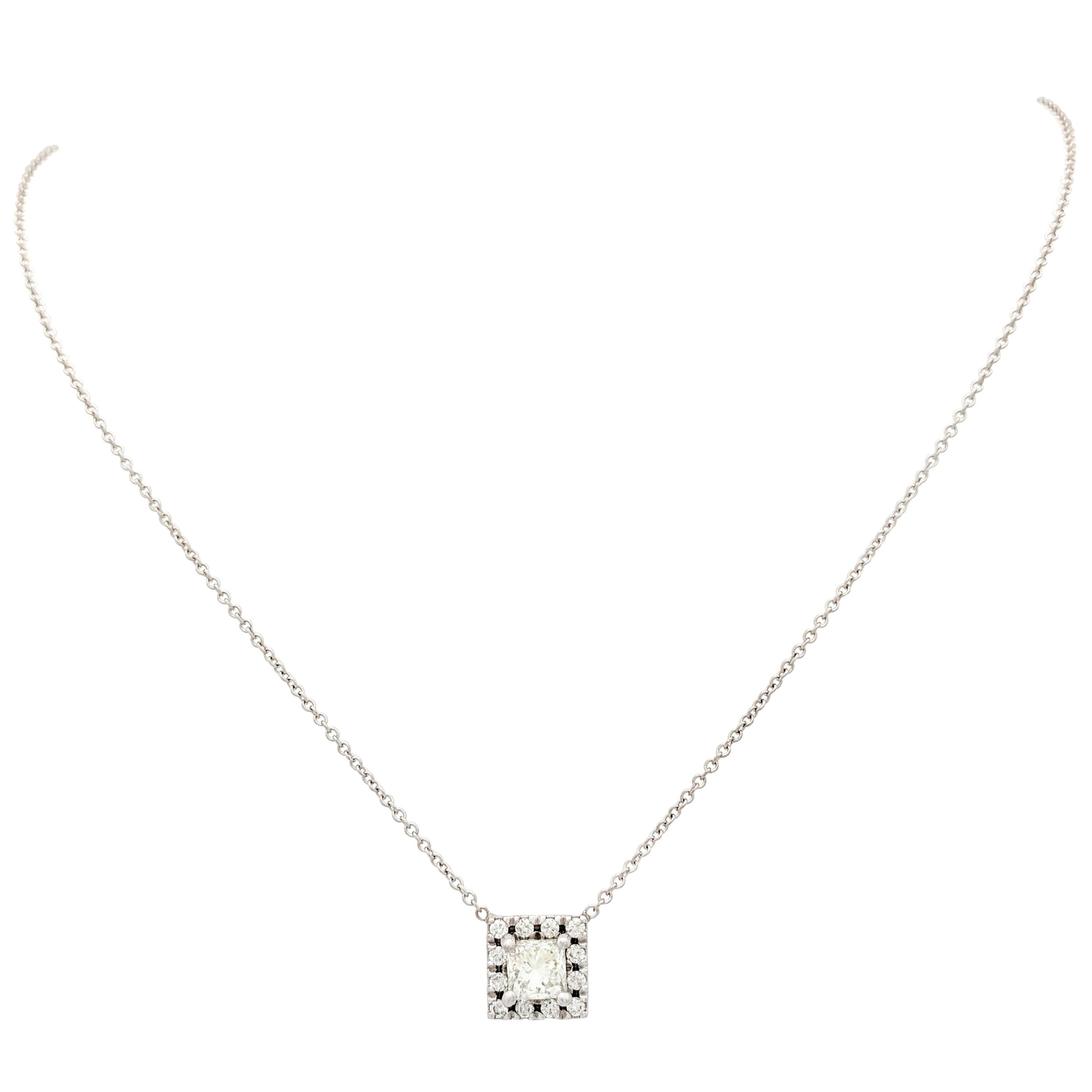 14 Karat White Gold .57 Carat Princess Cut Diamond Square Halo Pendant Necklace For Sale
