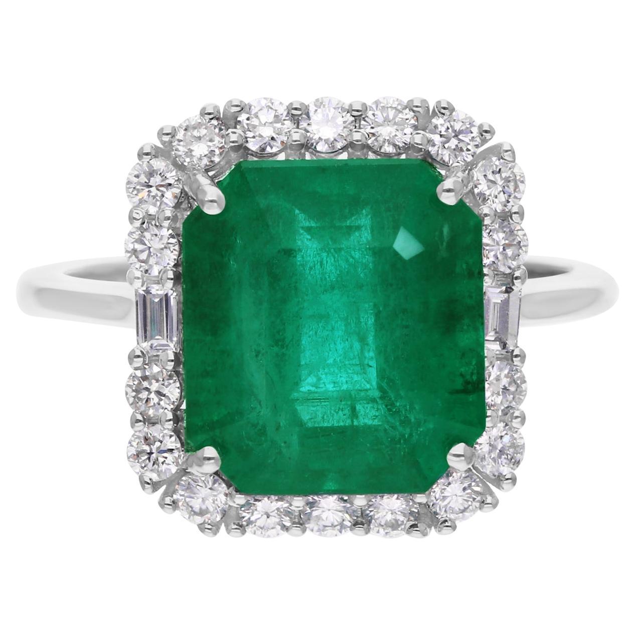 14 Karat Weißgold 5,86 Tcw sambischen Smaragd Diamant Cocktail Jahrestag Ring