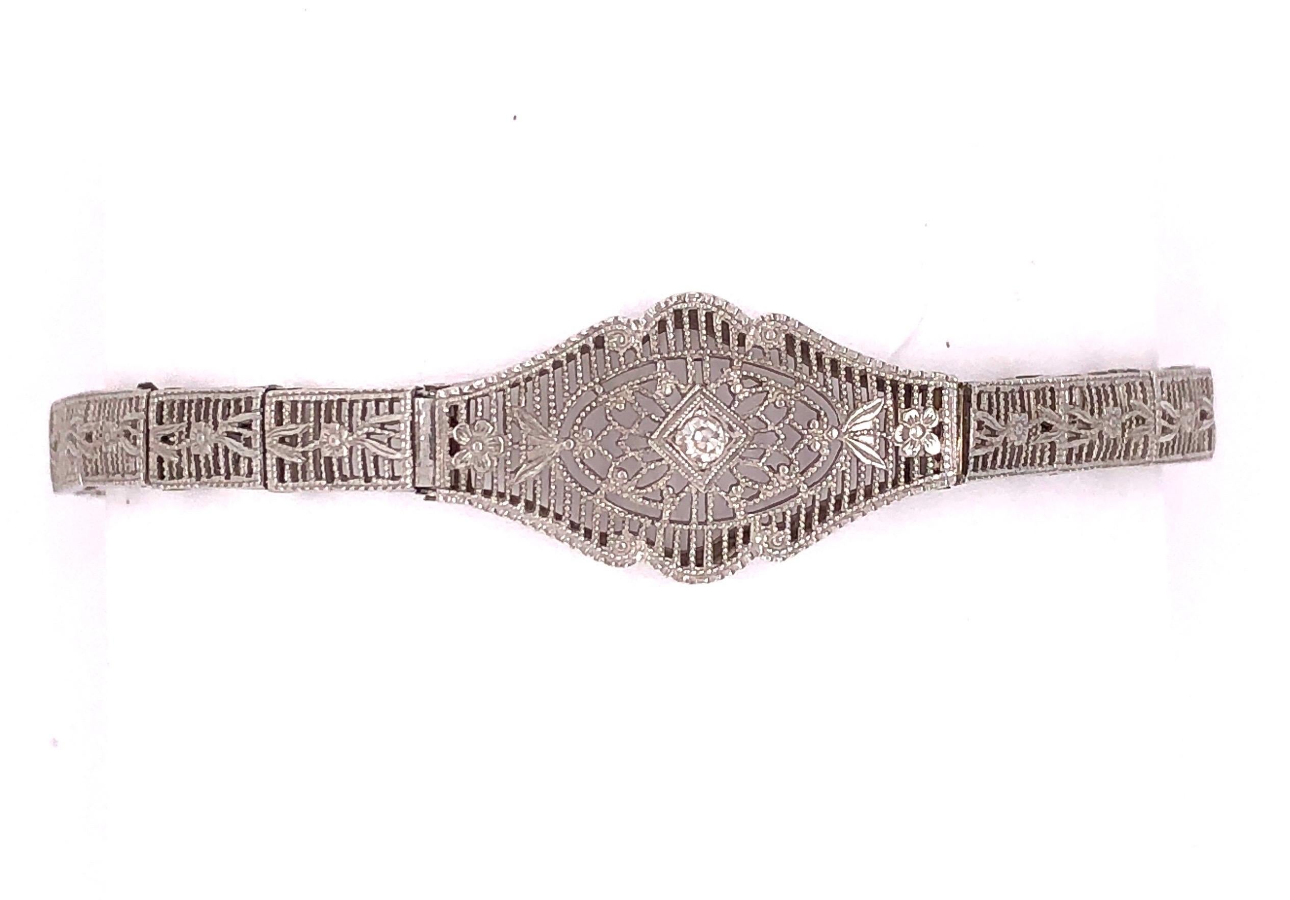 Round Cut 14 Karat White Gold Diamond Solitaire Bracelet Filigree Design For Sale
