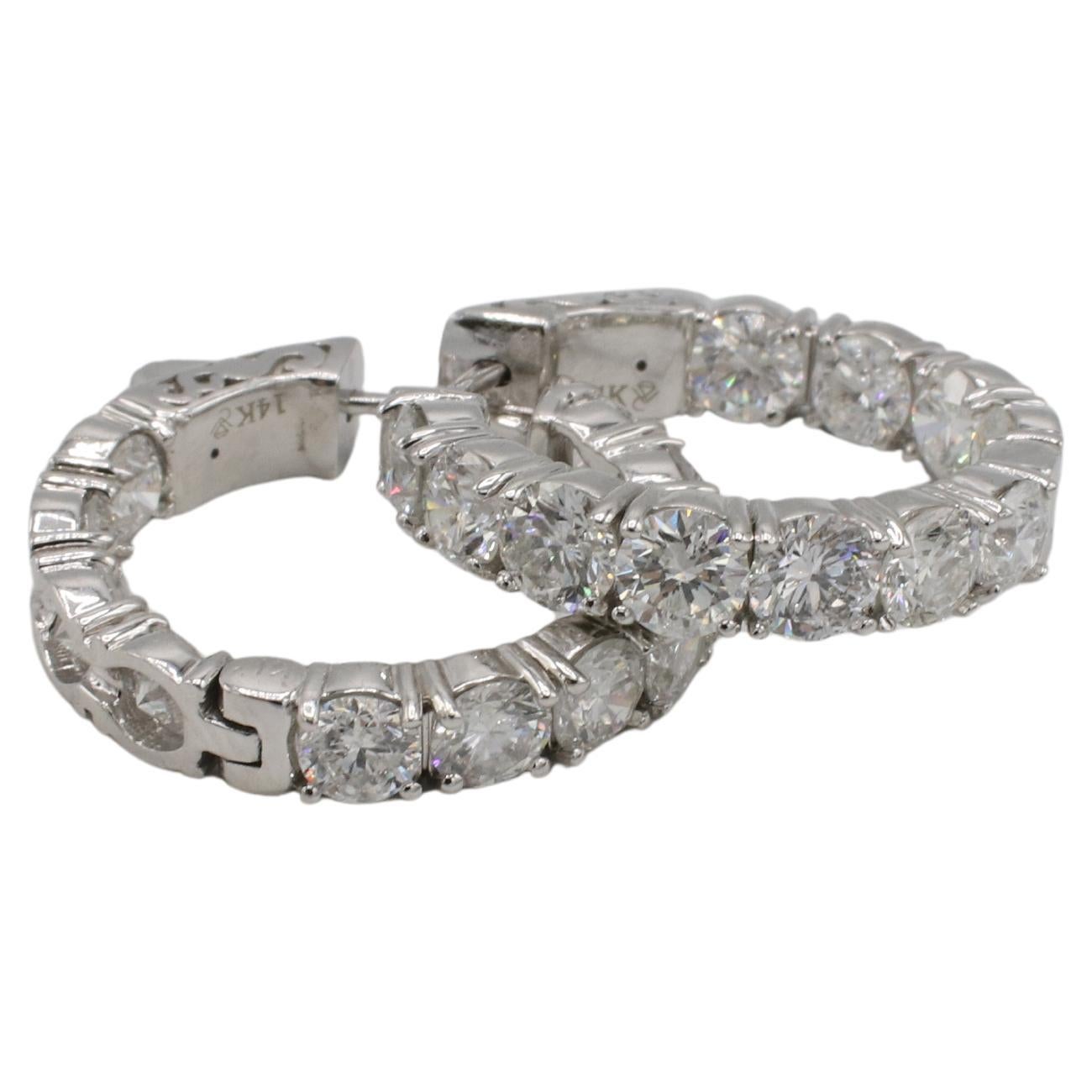 Modern 14 Karat White Gold 6.00 Carat Natural Diamond Inside Outside Hoop Earrings For Sale