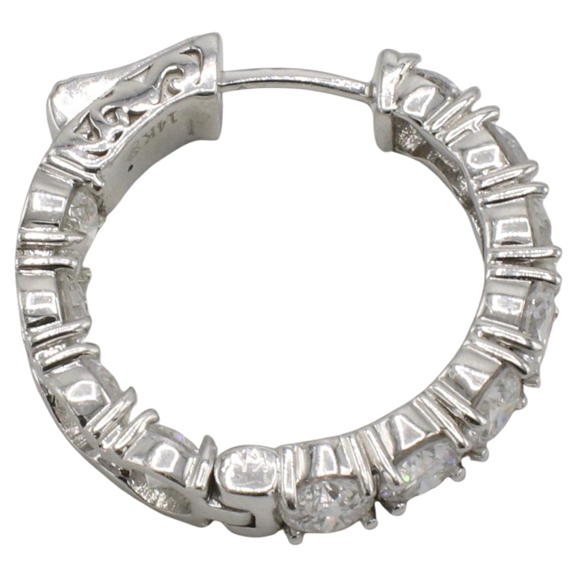 Round Cut 14 Karat White Gold 6.00 Carat Natural Diamond Inside Outside Hoop Earrings For Sale