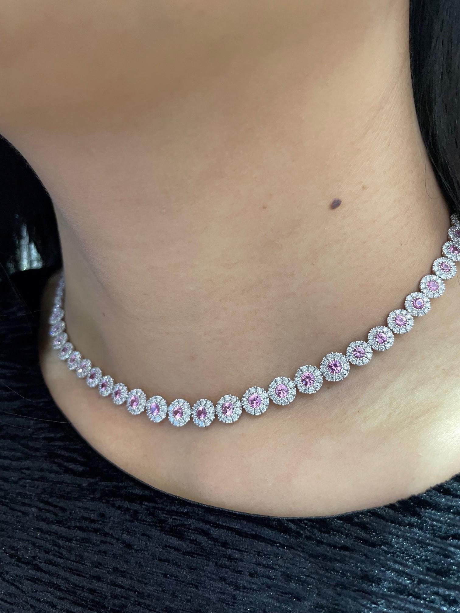 14 Karat White Gold 6.89 Carat Total Pink Sapphire and Diamond Necklace In New Condition For Sale In La Jolla, CA