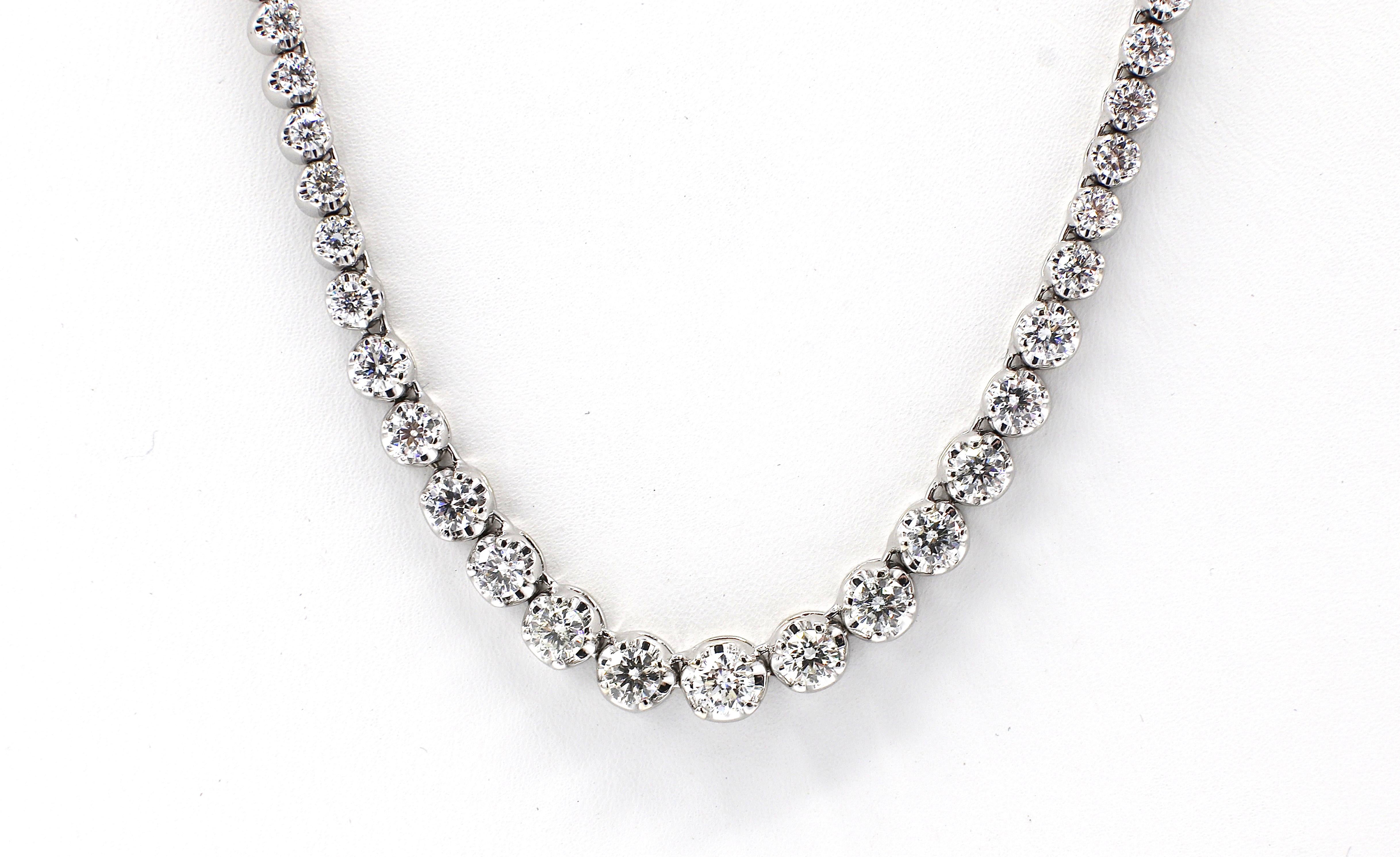 14 Karat White Gold Diamond Riviera Graduated Necklace 
Metal: 14k white gold
Weight: 21 grams
Diamonds: 117 round brilliant cut diamonds, approx. 7 CTW G VS-SI. Diamonds range from .01cts to .25ct
Length: 17 inches 
