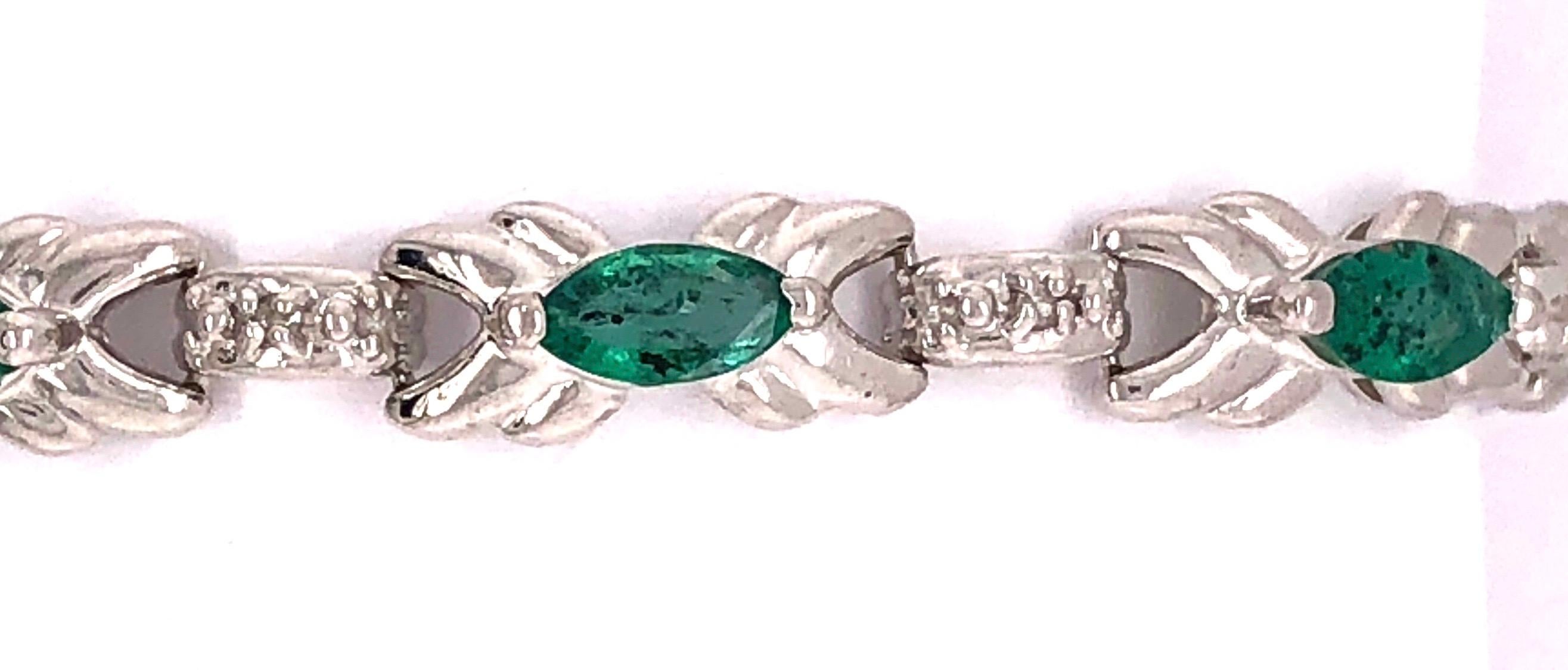 Women's or Men's 14 Karat White Gold Emerald Bracelet with Round Diamonds