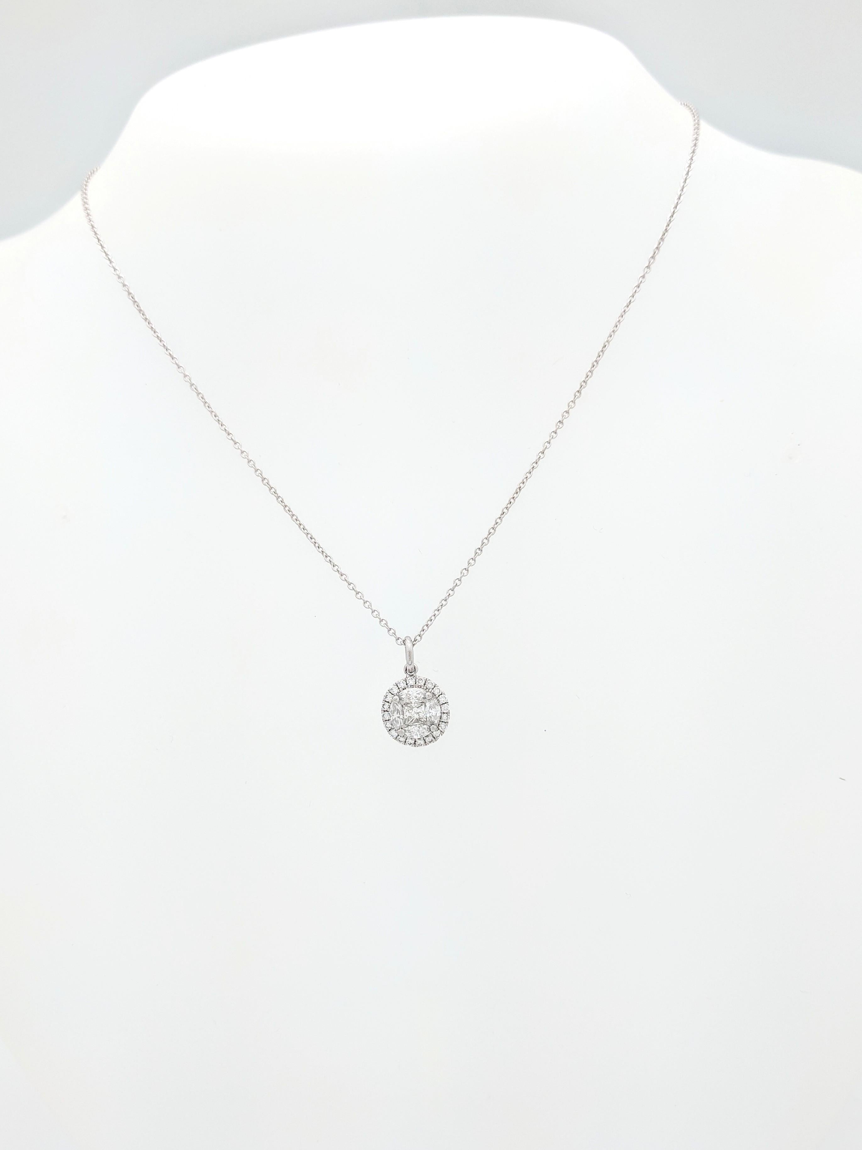 You are viewing a beautiful illusion set halo diamond pendant necklace.

This pendant is crafted from 14k white gold and weighs 2.4 grams. It features approximately (1) .15ct natural princess cut diamond in the center of (4) .10ct natural marquise