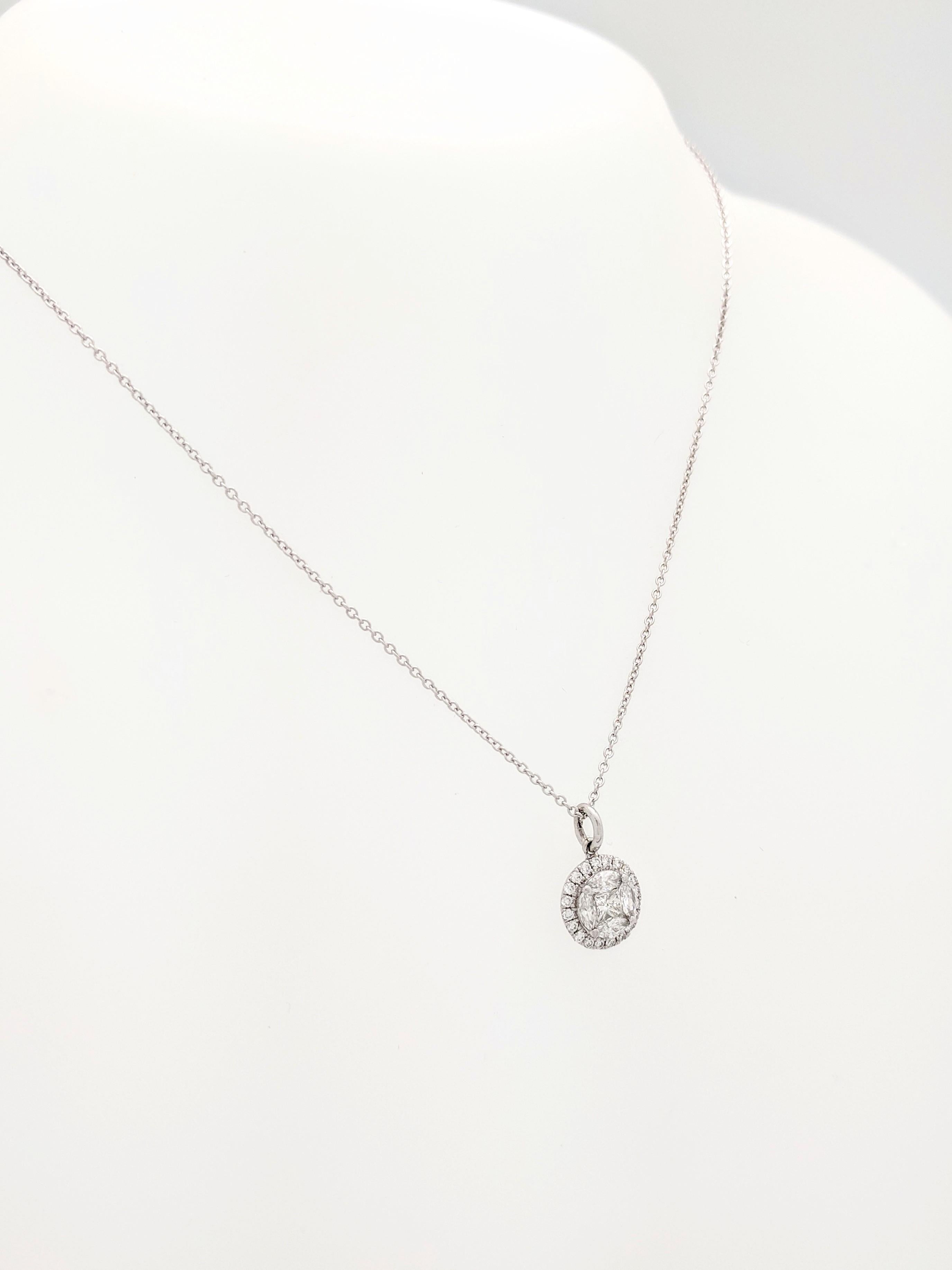 Contemporary 14 Karat White Gold .75 Carat Illusion Set Halo Diamond Pendant Necklace For Sale