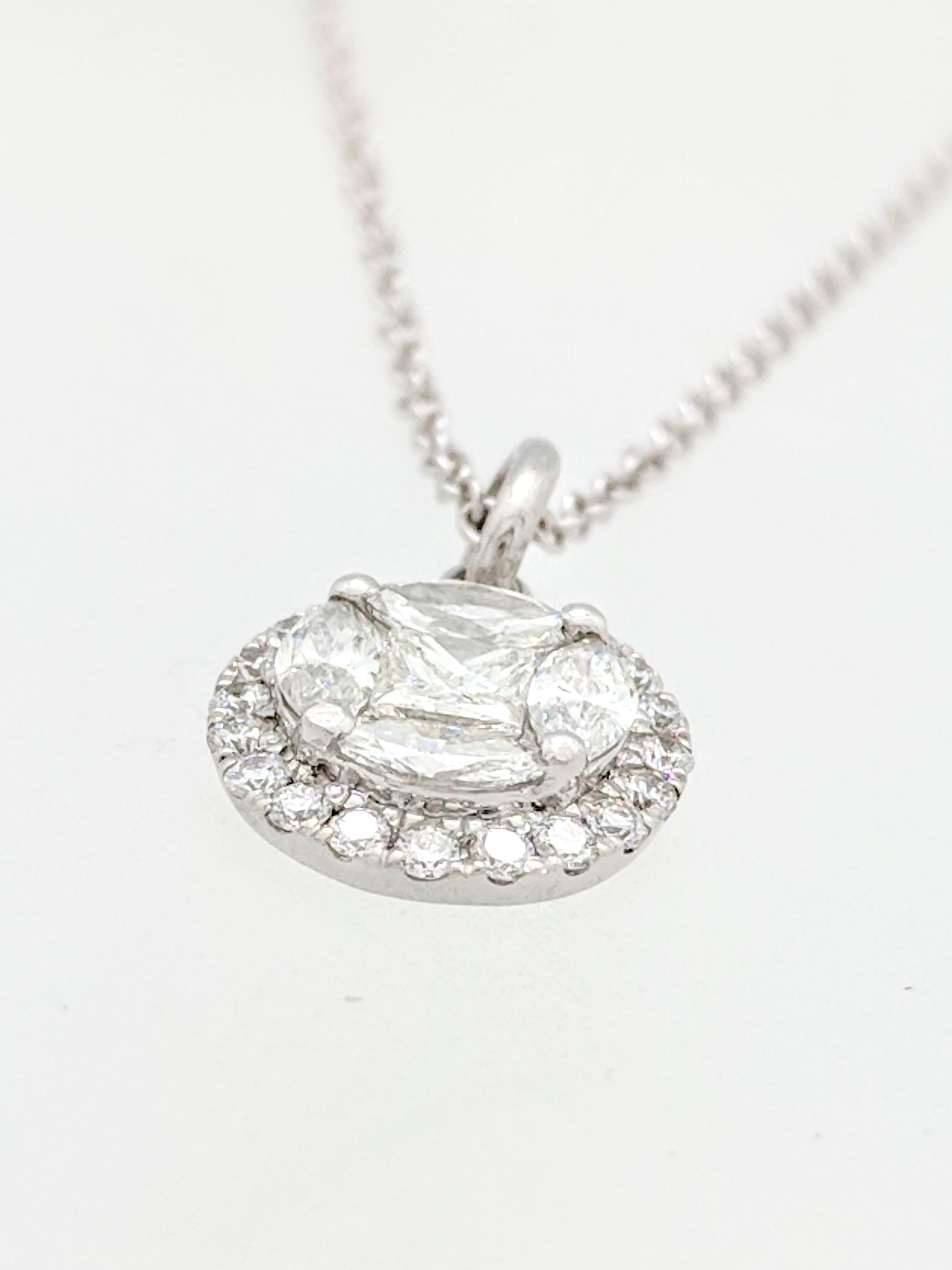 14 Karat White Gold .75 Carat Illusion Set Halo Diamond Pendant Necklace For Sale 1