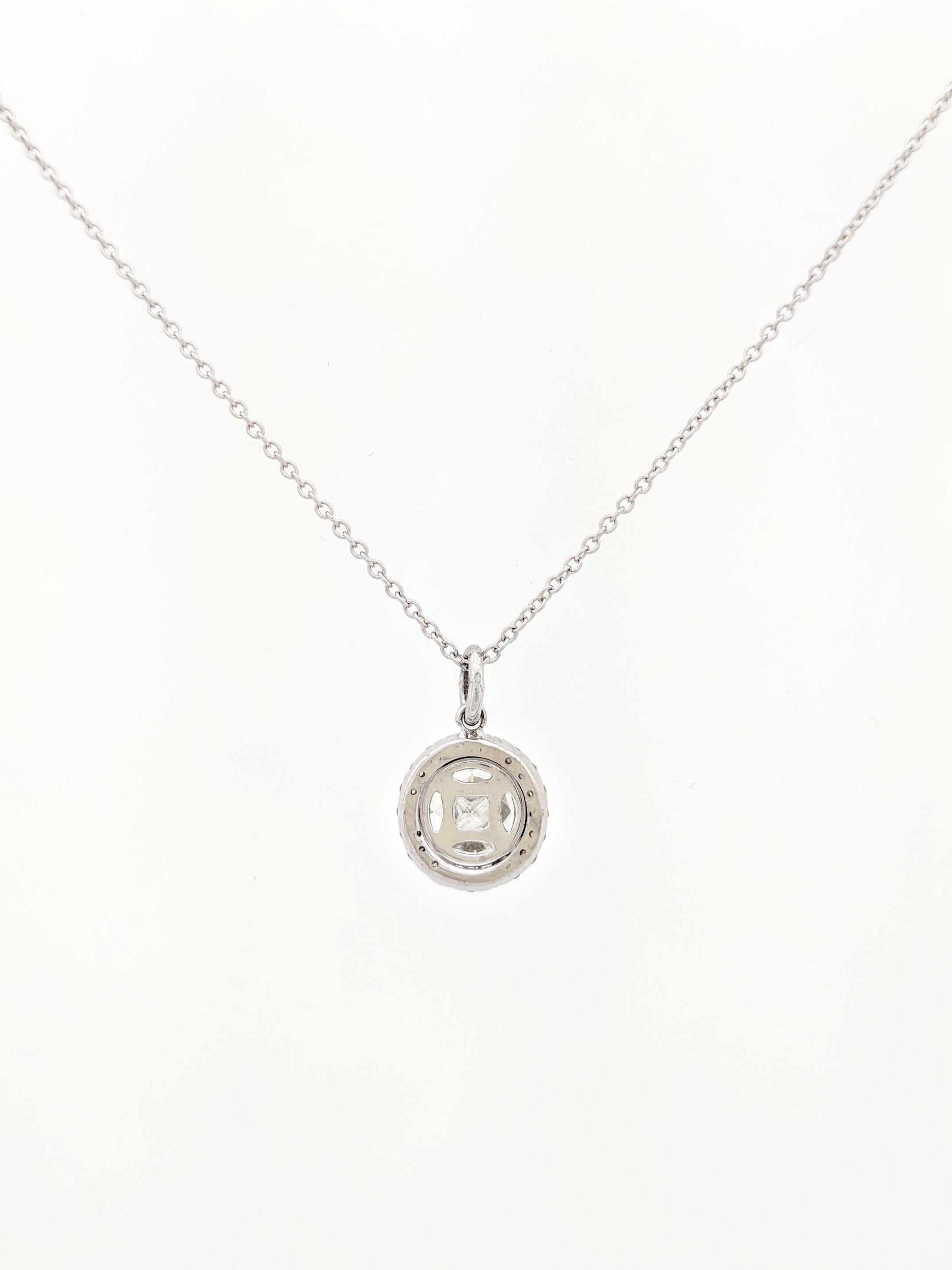 14 Karat White Gold .75 Carat Illusion Set Halo Diamond Pendant Necklace For Sale 2