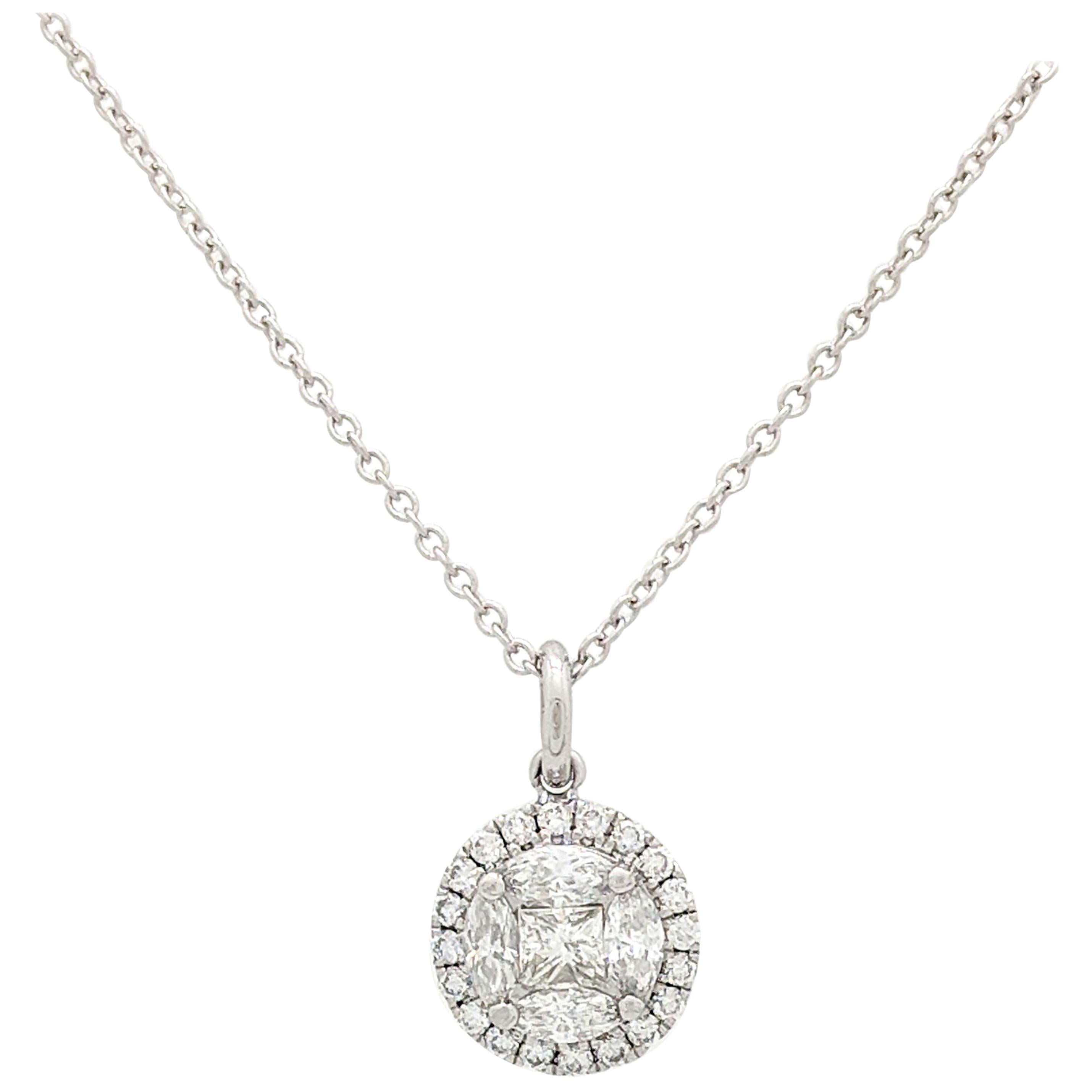 14 Karat White Gold .75 Carat Illusion Set Halo Diamond Pendant Necklace For Sale