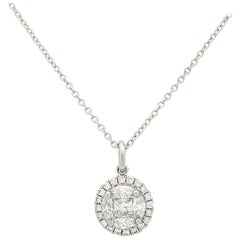 14 Karat White Gold .75 Carat Illusion Set Halo Diamond Pendant Necklace