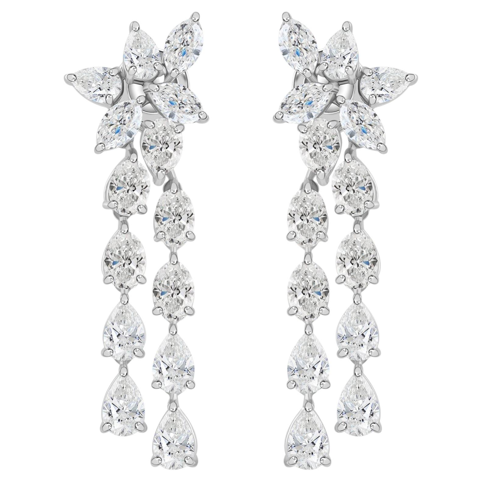 14 Karat White Gold 7.74 Ct Natural SI/H Diamond Cluster Drop Earrings