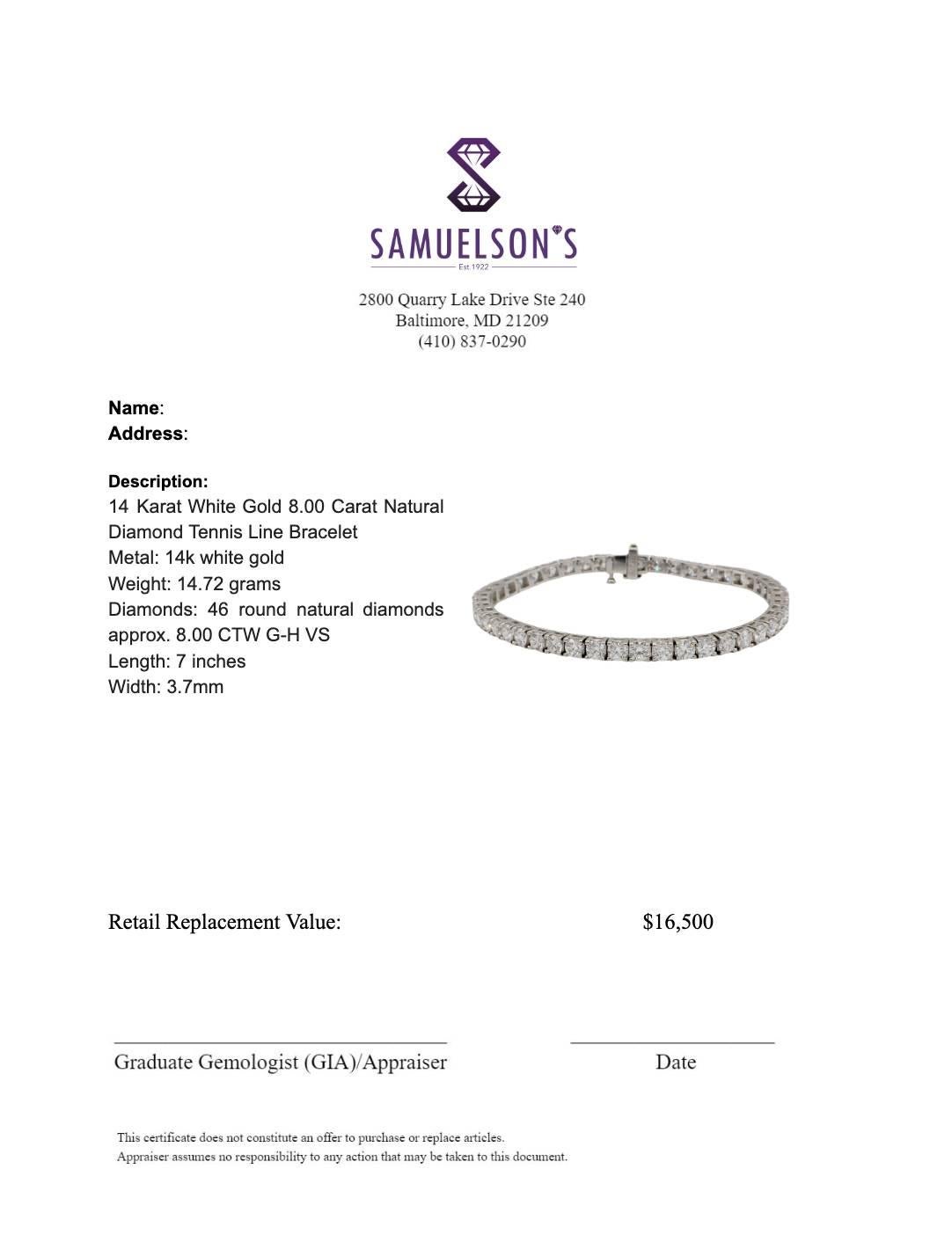14 Karat White Gold 8.00 Carat Natural Diamond Tennis Line Bracelet In Excellent Condition For Sale In  Baltimore, MD