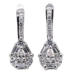 14 Karat White Gold .85 Carat Pear Shape Diamond Cluster Dangle Drop Earrings