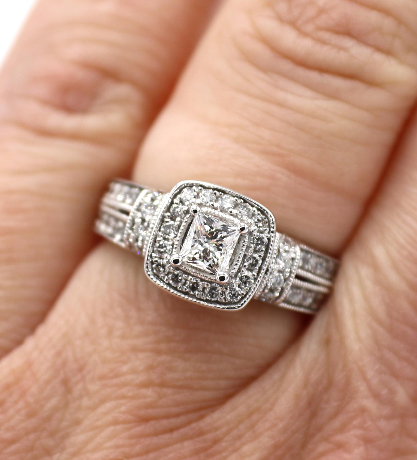 Modern 14 Karat White Gold .90 Carat Princess Cut & Round Diamond Halo Engagement Ring