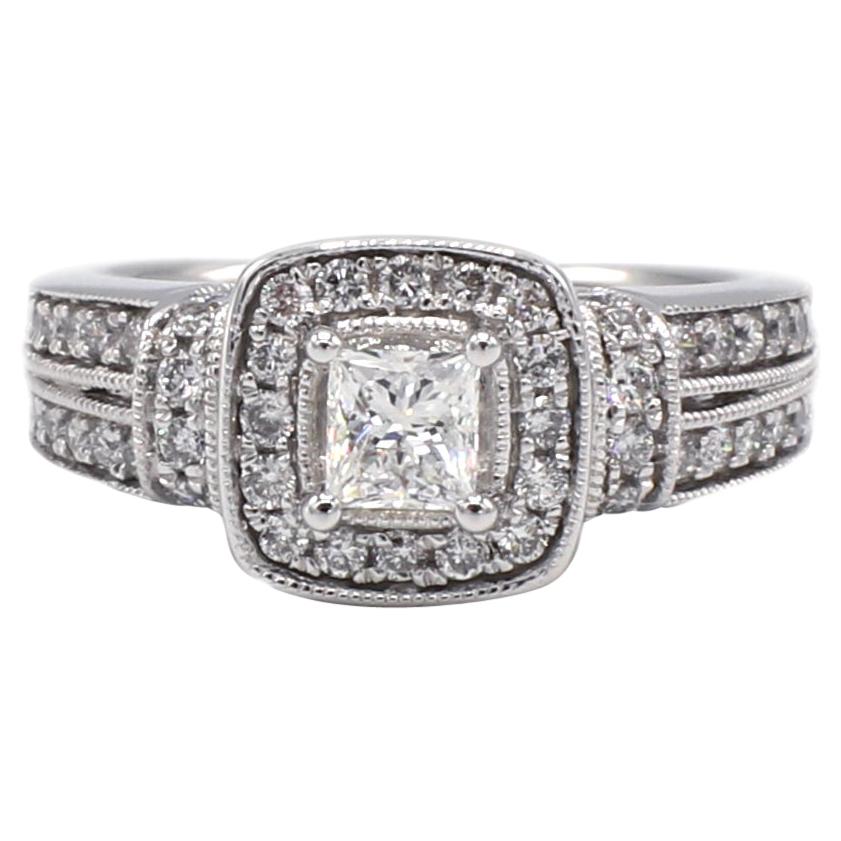 14 Karat White Gold .90 Carat Princess Cut & Round Diamond Halo Engagement Ring