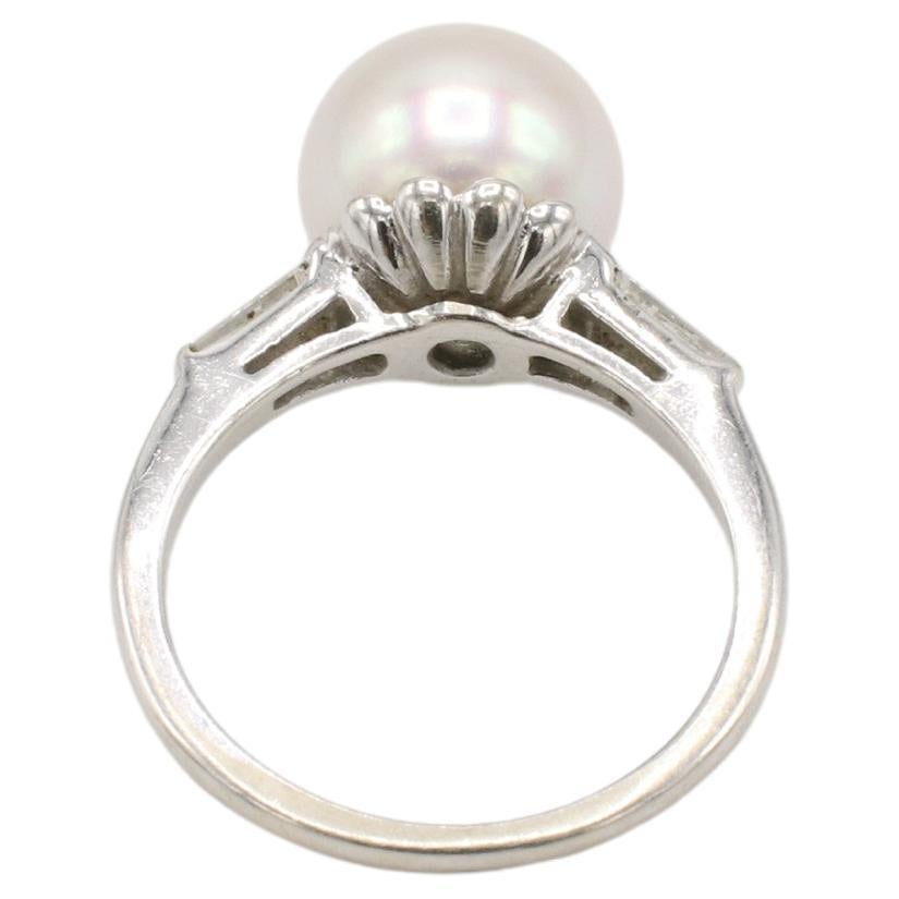 Modern 14 Karat White Gold Akoya Cultured Pearl & Natural Diamond Cocktail Ring For Sale