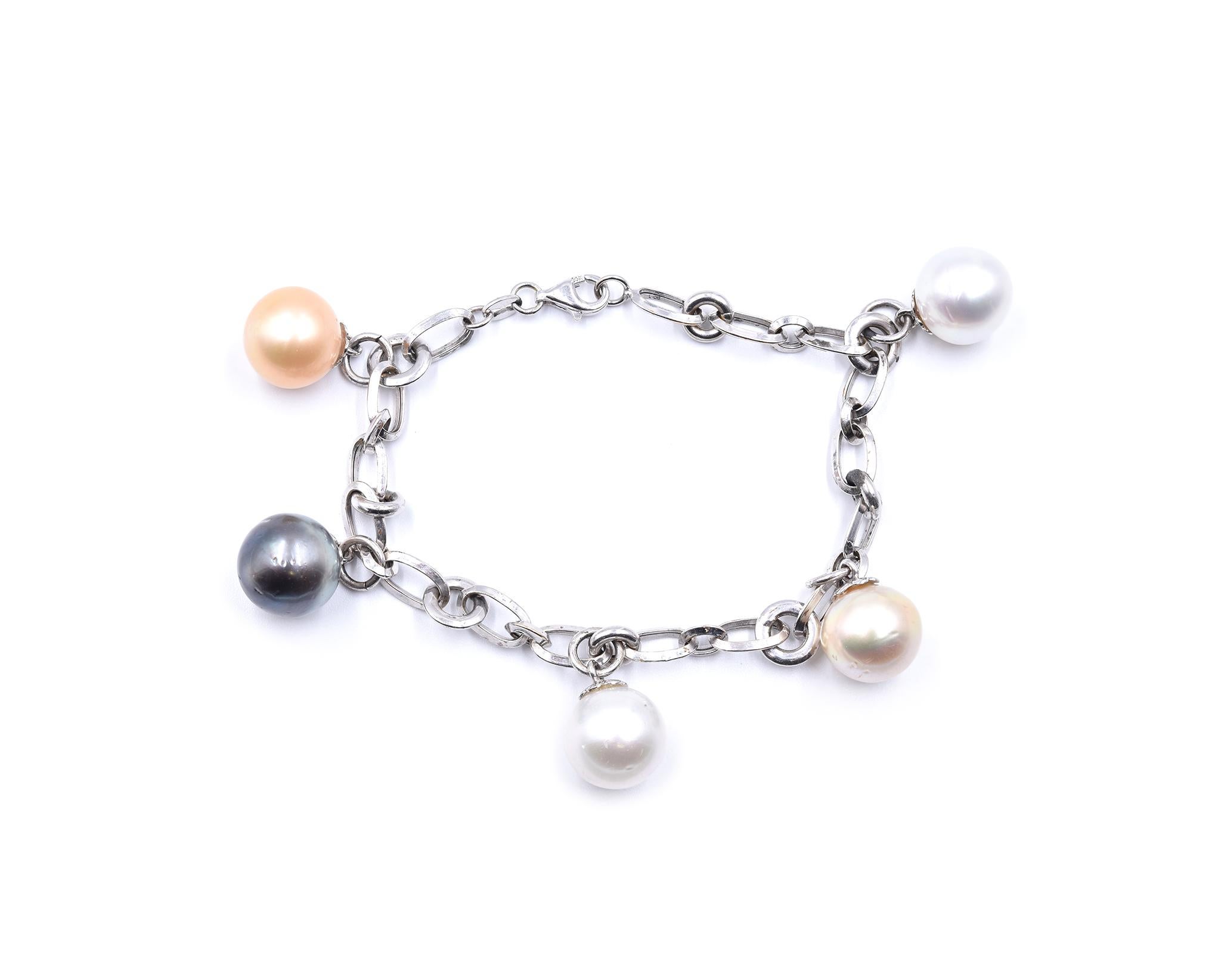 Uncut 14 Karat White Gold Akoya, Ivory, Tahitian and Golden Pearl Drop Bracelet