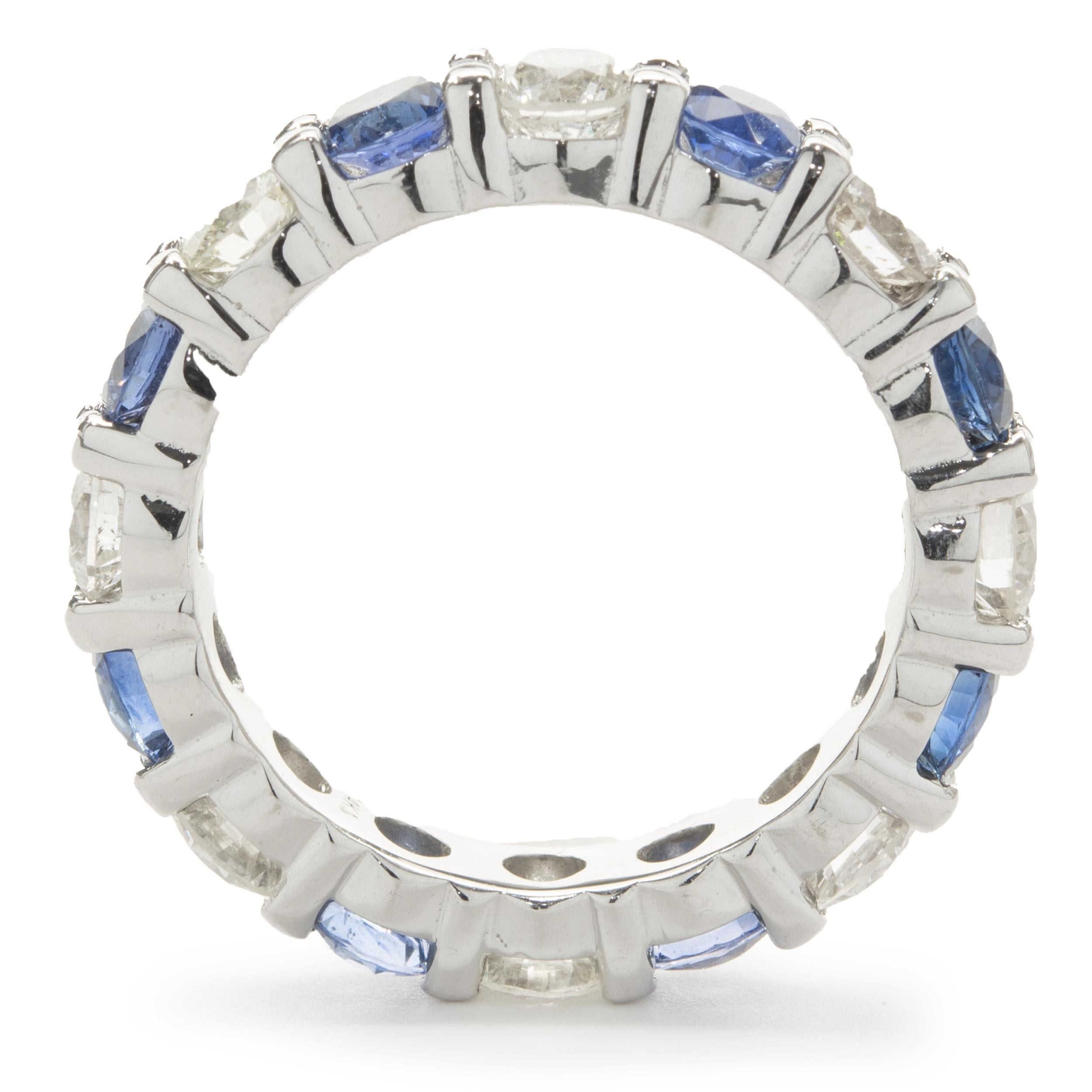 Round Cut 14 Karat White Gold Alternating Diamond and Sapphire Eternity Band